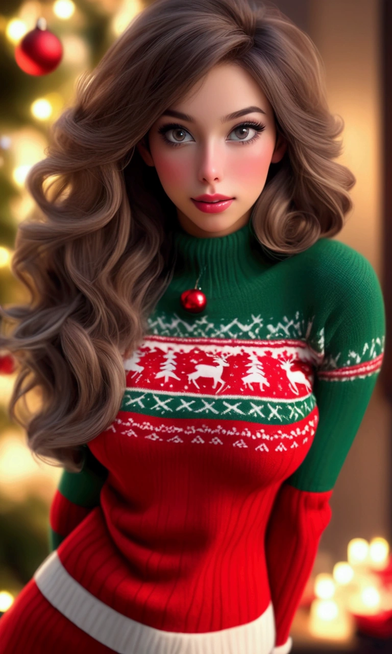 (seductive strip tease)a cute woman, beautiful detailed eyes, beautiful detailed lips, extremely detailed eyes and face, long eyelashes, 1girl, Christmas sweater, mini skirt, sexy leggings, fuzzy boots, gloves, toboggin, Christmas wonderland, (best quality,4k,8k,highres,masterpiece:1.2),ultra-detailed,(realistic,photorealistic,photo-realistic:1.37),vibrant colors,cinematic lighting,whimsical,magical,fantasy, sultry, teasing, taking it off
