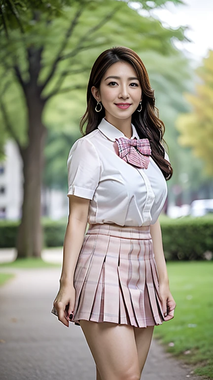 full body shot, from below,  Japanese woman with a viewing angle of, 68 years old,  detailed face , Facial wrinkles, Wrinkles around the eyes, smile,  Detailed Skin Textures ,  white skin,  heavy makeup ,  long hair, (curvy body, saggy breasts,  plump thighs), (earrings, school uniform, short sleeve shirt, summer style with light fabric, bow tie, pink mini skirt, plaid pleated mini skirt:1.2), ( is wearing high heels:1.2), ( standing in the park,  photograph the whole body from toe to head:1.2), (surrealism, best quality, ultra detailed, absolutely resolution, 8k, anatomically correct), depth of field, looking at viewer, tachi-e, , (drshe), (bimajo ), full body,  detailed face  