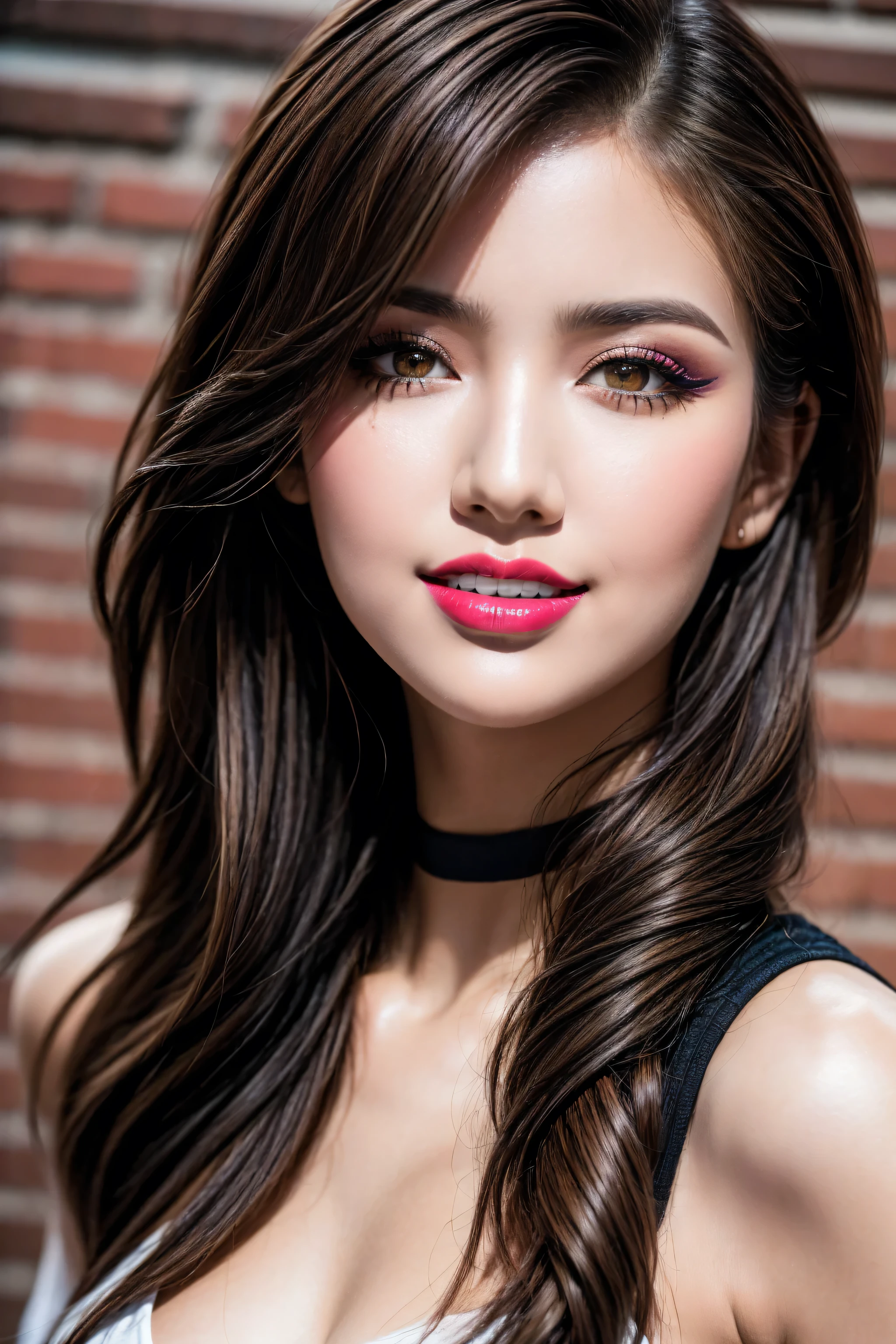Realistic (photorealistic Realism), (high resolution), ((intricately detailed digital art)), professional photography, ((portrait)) a cute 1 Female, European, (ultra realistic texture details: velvety skin, hair),(close-up eyes:1.3),((sharp focus, not blurry, high resolution, absurd quality, Realistic brown_eyes:1.4), intricately detailed:1.3), ((extremely fine details eyes)), ((extra narrow eyebrows)), (Carefully draw Long blue_eyelashes:1.2), (perfect round eyes:1.3), (finely detailed pupils:1.3, (extremely fine details pupils:1.3)), ((extremely fine details iris of the eyes:1.4)), (Shining, mesmerizing, Vibrant eyes:1.2), (professional makeup:1.4), ((perfect dark_eyeshadows:1.45)), detailed lips:1.3, (apply glossy red_lipstick:1.3), (pink_makeup:1.28), (beautiful little nose), (perfect proportions:1.2),(small head),(anatomically correct), perfect female body, (firm and full breasts:1.2), (Super beautiful), (vivid and colorful), The attention to detail, focus of girl, dynamic pose, sexy and seductive, flirty smile, dslr, high quality split lighting, sharp focus captured by Fujifilm XT3, f 5.6, in a dramatic lighting. (perfect composition), (Style your hair, Long Hair, Blonde, My hair is messy, Red highlights, has hair on one eye), choker, ((Brick wall, Graffiti)), (oversized shirt,Outside the shoulder, transparent white shirt), exquisite balance of shadows, look at the viewer, 