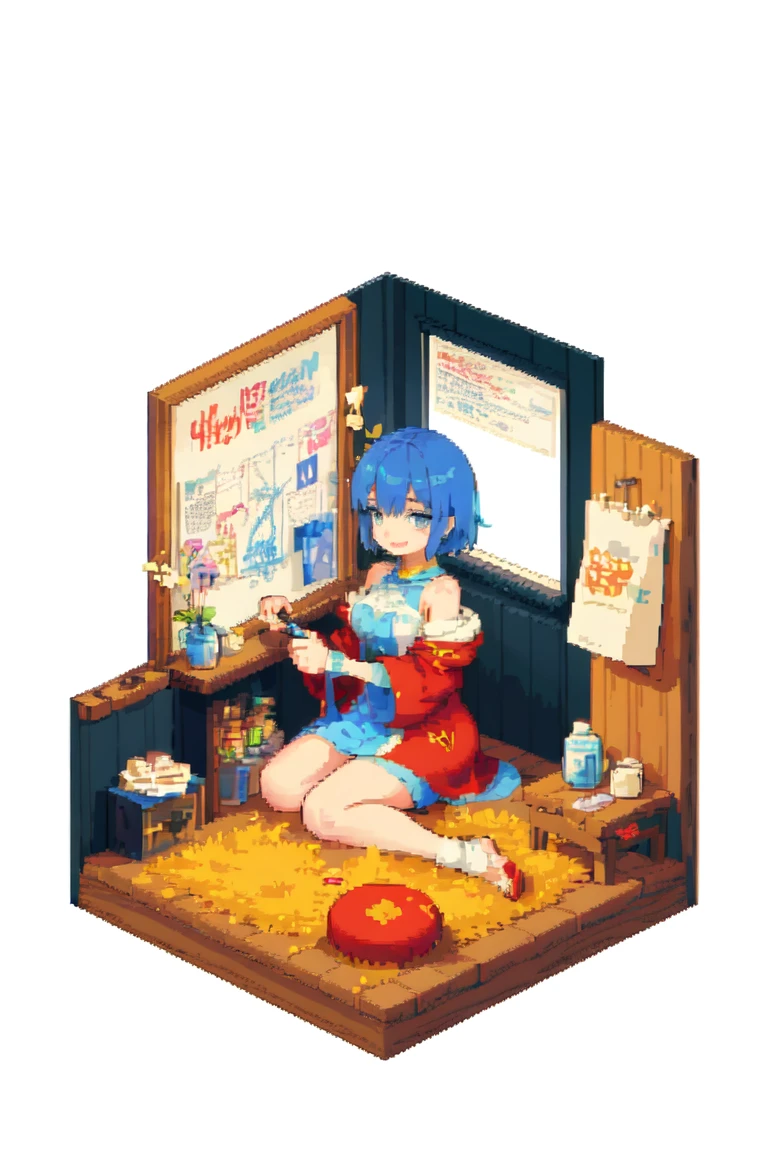 ( Masterpiece,  measurements,  best quality ), Pixel, Pixel art, 1 girl, Short hair, Blue hair, Sit on the floor, body, Swordsman, warm smileCozy , poster,  World of Imagination
 