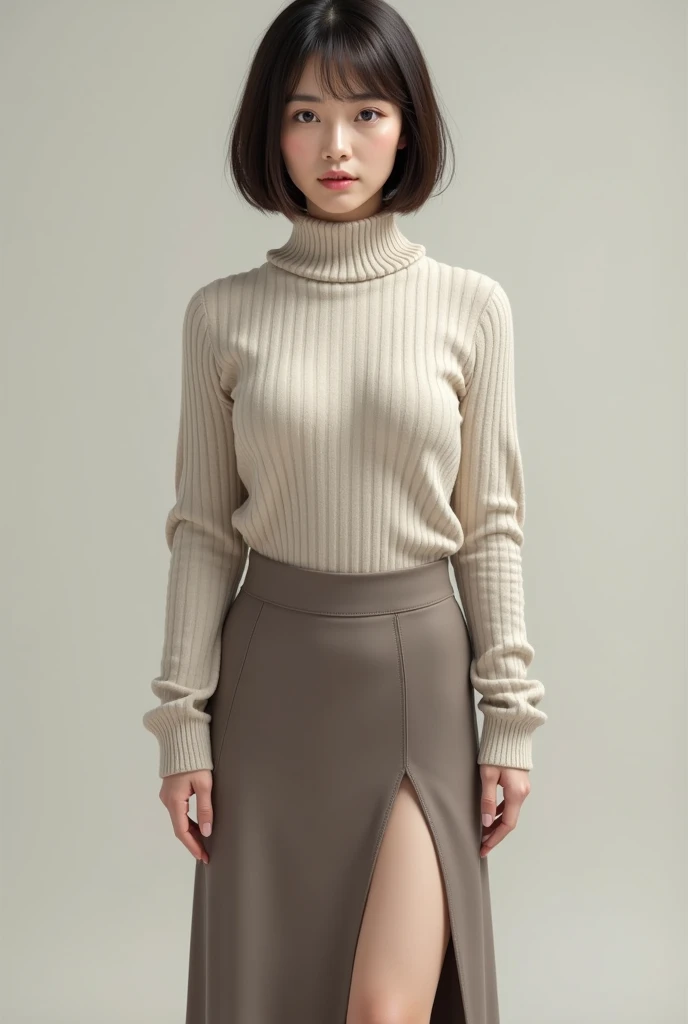  1 girl, solo,  high definition , chest,  open your mouth slightly ,  anatomically correct, Japanese wife 、45 years old、short hair、high neck sweater、 立ち絵, スリット入りのスカート、太ももを見せる