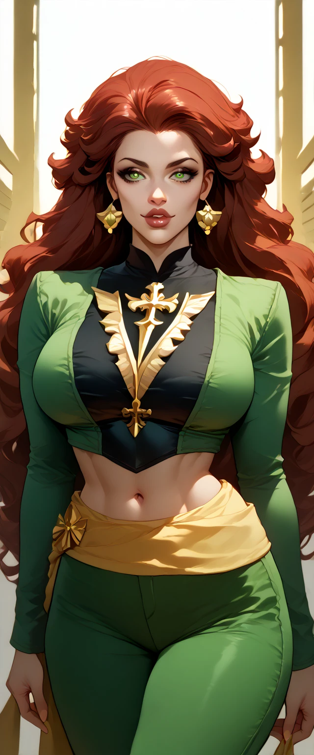 A Russian woman tender big breasted kind wavy hair longer bright red her eyes brown rectangle pupils big lips Rosa is light green military suit brushes yellow line shows navel and her light green pants wearing a yellow belt