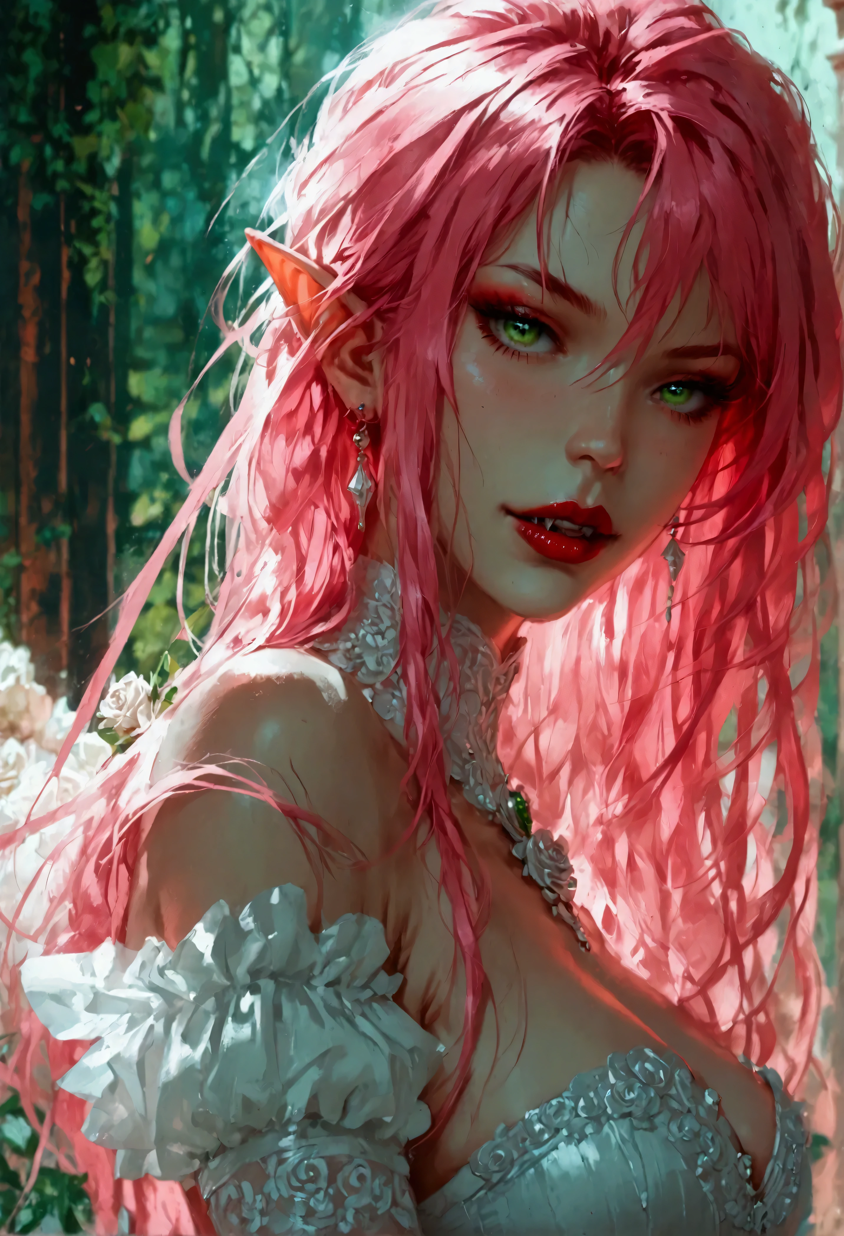 score_9, score_8_up, score_7_up, score_6_up, score_5_up, score_4_up, Arafed, a portrait of an vampire woman, exotic beauty, long hair, pink hair, (emerald green eyes), dark red lips, full body shot, glamour shot, she wears an (white: 1.3) elegant suit, white rose, high heel boots, full body shot, 16k, ultra detailed, masterpiece, best quality, (extremely detailed), arafed, dnd art Cinematic Shot, vampire, fangs, eye lighting