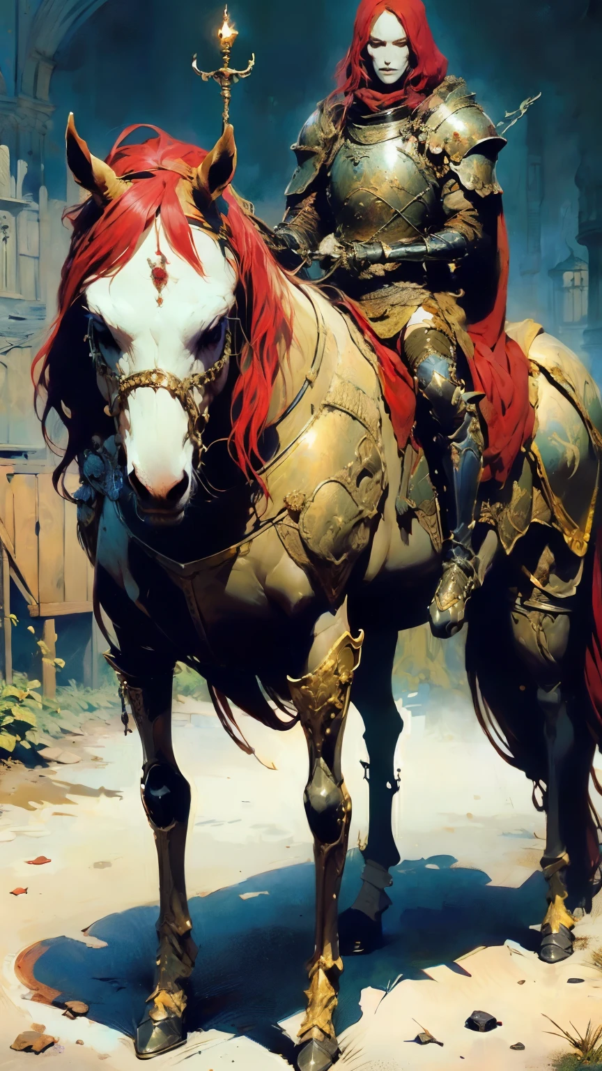 European, (Helmeted shaped like the head of an owl), 8k, Ridiculous Results , ((Wild Eyes)), perfect face , 1 person, Full body portrait, Alone, masterpiece, very detailed with crimson hair, perfect eyes, expressive detailed eyes , blue-white skin, open your eyes wide, Detailed Students, real skin , real skin texture, Ultra-detailed skin, Analog Style , Great Paintings , perfect picture, 8k, (A long spear ), ((Outraged)), (( wearing chainmail and plate armor )), dark and unpleasant atmosphere , (Full body portrait), ( I wear metal shin guards on my feet), ( Gauntlet ), ( has a metal shield), ((horse riding、Strong knight , Full Body and Face Shots )). Full body portrait, (Helmeted), ((Cover the entire surface))