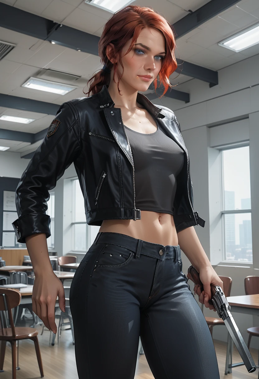 Score_9, score_8_up, score_7_up, source_real, realistic, photorealistic, 1girl, (Courtney Hope), (Jesse Faden) from "CONTROL", (blue eyes:1.32), light smile, red hair, in low loose ponytail, (fitted, 3/4 cropped black jacket), tight grey tank top, erect nipples, midriff showing, (tight low-rise black jeans:1.32), holding, "Service Weapon", facing viewer, (dynamic action poses:1.37), (interior of vintage office:1.3), (white brutalist architecture), ultra-detailed, highly detailed, J3sse