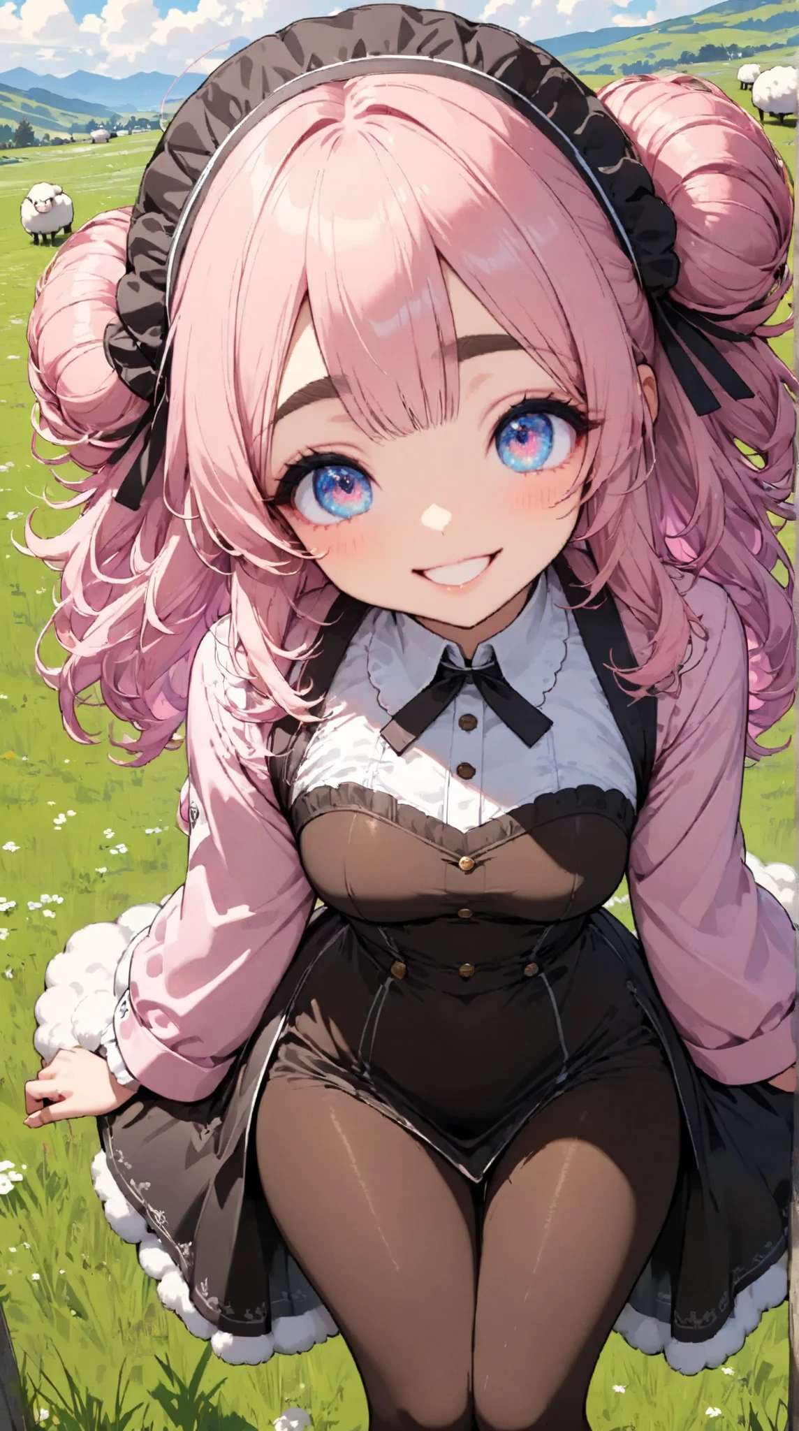  1 pretty girl,(masterpiece:1.3, top quality:1.3, very detailed depiction:1.3, incredible high resolution:1.3,High quality anime drawings),( pink hair, fluffy hair ,sheep毛のような髪の毛,Detailed eyes,Thick eyebrows, happy smiles, small breasts),(Nuns,ラテックスのNunsの服, bodystocking , black tights, boots),grassland,sheep,