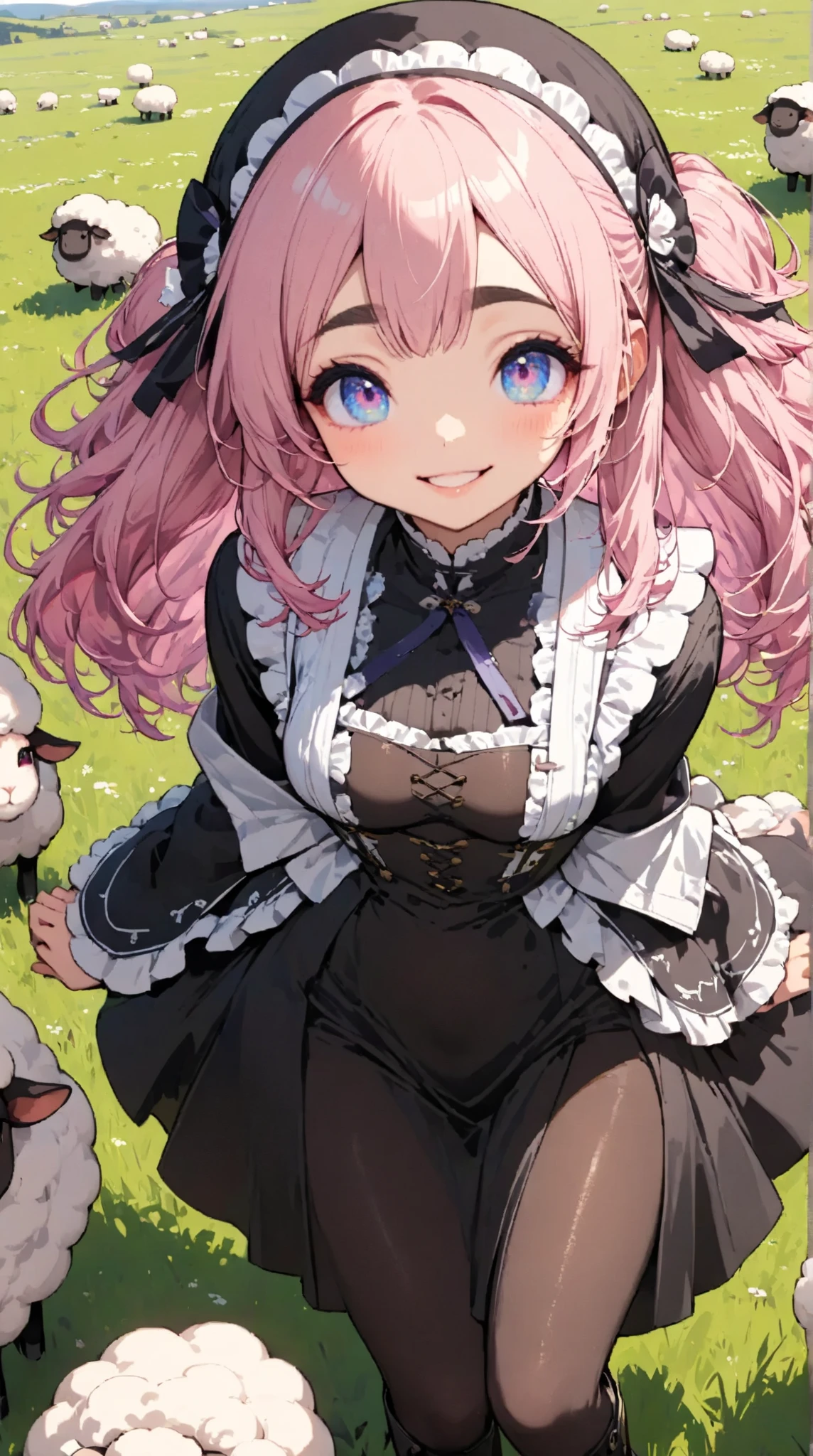  1 pretty girl,(masterpiece:1.3, top quality:1.3, very detailed depiction:1.3, incredible high resolution:1.3,High quality anime drawings),( pink hair, fluffy hair ,sheep毛のような髪の毛,Detailed eyes,Thick eyebrows, happy smiles, small breasts),(Nuns,ラテックスのNunsの服, bodystocking , black tights, boots),grassland,sheep,