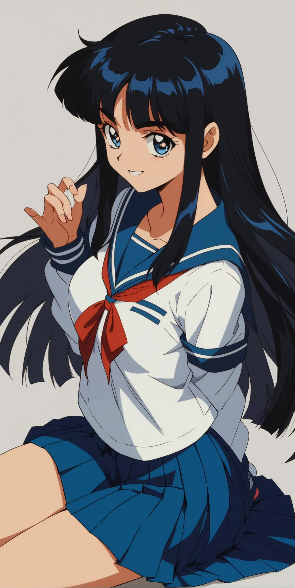 Young woman drawn in 80’s anime art style. 
Retro anime. Vintage Anime. Classical Anime. 
Black HAIR
Hime Cut Hair
(Round and Circle eyes)
(Blue eyes)
(Medium Sized Eyebrows)
(Light Tan Woman)
(Medium Breast)
Seductive Smile

She is wearing a sailor fuku (セーラー服, sērā fuku, sailor outfit) is a common style of uniform worn by women, traditionally by high school female students. 

The uniform generally consists of a blouse attached with a navy blue sailor-style collar and a very long pleated skirt. The length of the long pleated skirt is past her knees.

A ribbon is tied in the front and laced through a loop attached to the blouse. The color is the ribbon is typically red.

School Uniform color is entirely navy blue.
The color of the blouse and shirt are navy blue and the color of the bottom pleated skirt is navy blue. 
(Navy Blue Sailor Shirt)
(Navy Pleated Skirt)

(High School) (Solo) 