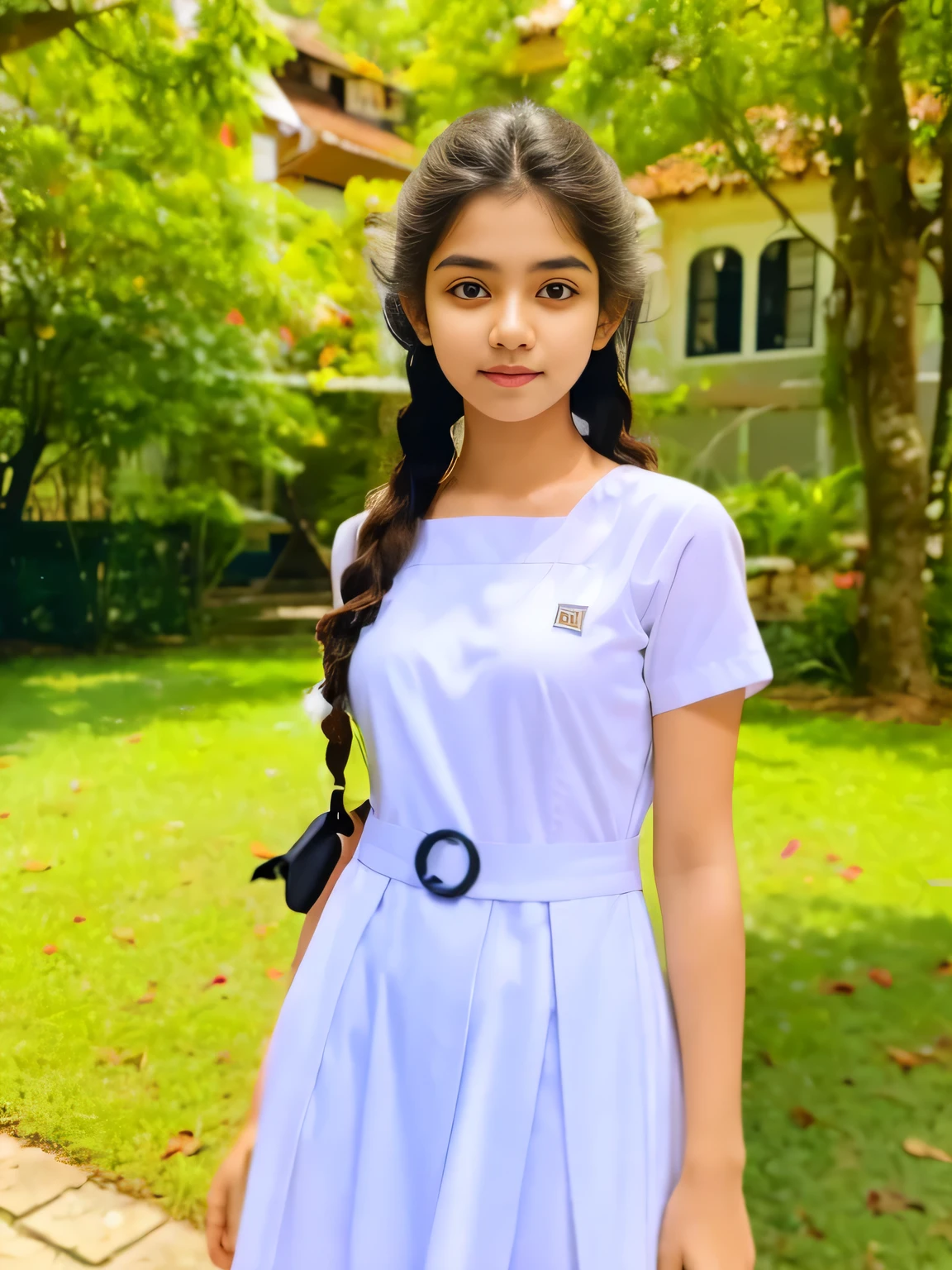 a beautiful detailed sri lanka  girl, 1girl, twin braids hair, wearing white frock, black shoes, white socks, standing , (best quality,4k,8k,highres,masterpiece:1.2),ultra-detailed,(realistic,photorealistic,photo-realistic:1.37),intricate details,extremely detailed skin,studio lighting,HDR,UHD,vivid colors,natural lighting,soft shadows,elegant,flawless skin,looking at camera