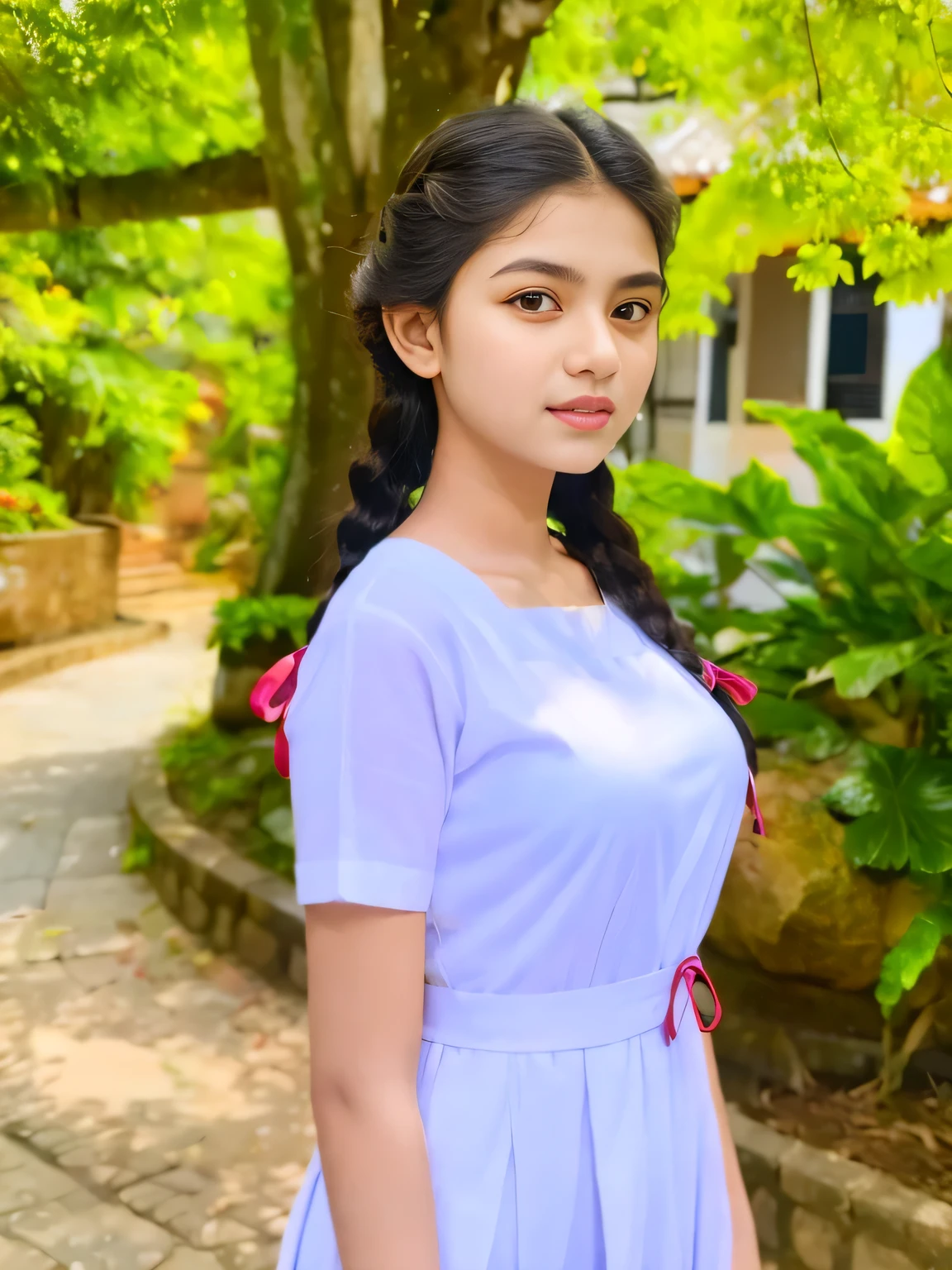 a beautiful detailed sri lanka girl, 1girl, twin braids hair, wearing white frock, black shoes, white socks, standing , (best quality,4k,8k,highres,masterpiece:1.2),ultra-detailed,(realistic,photorealistic,photo-realistic:1.37),intricate details,extremely detailed skin,studio lighting,HDR,UHD,vivid colors,natural lighting,soft shadows,elegant,flawless skin,looking at camera