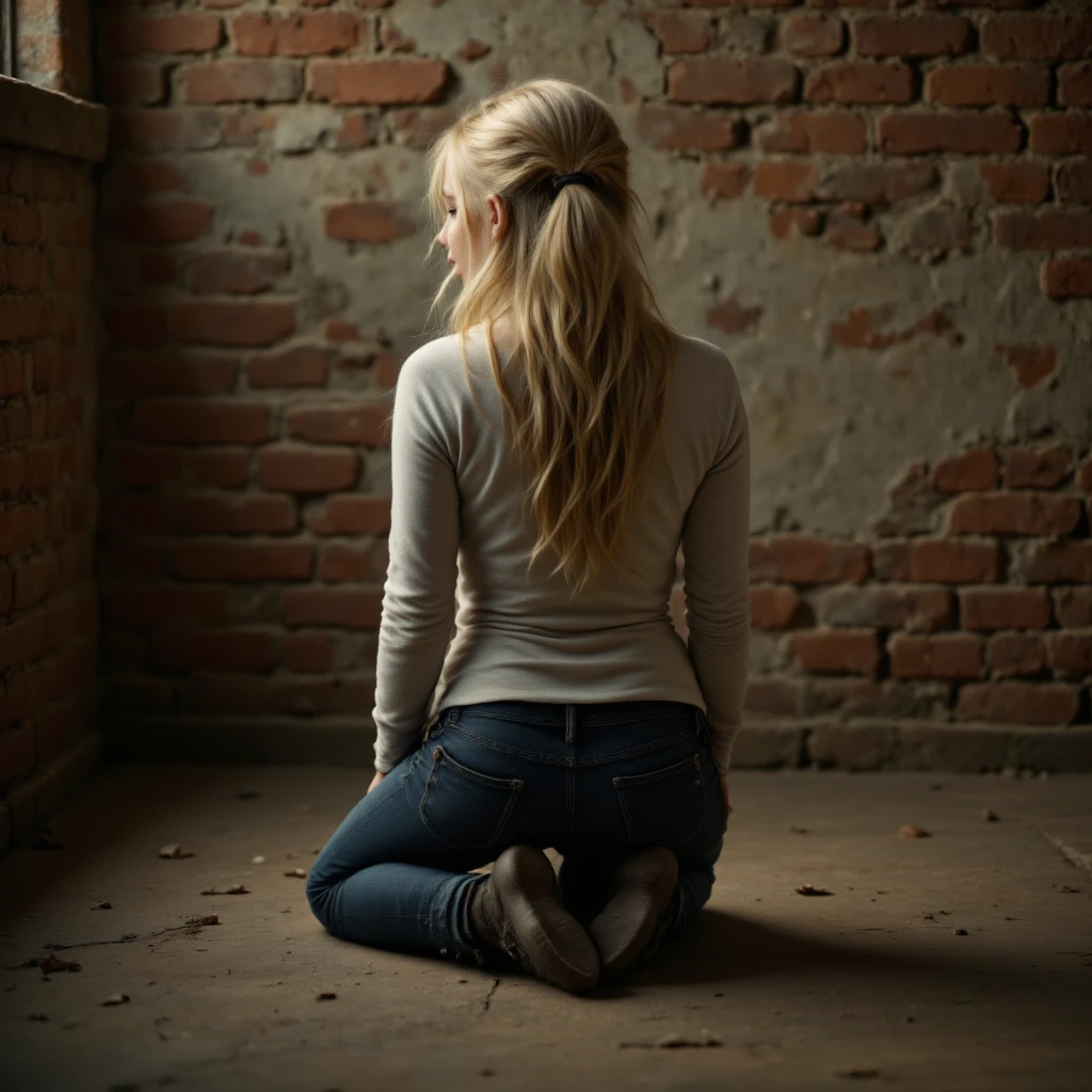 A young girl is kneeling on all fours in front of a brick wall. The scene is viewed from behind, capturing her back and her posture clearly. The wall is slightly weathered, with cracks and peeling paint, adding a sense of realism and texture. The girl has long blonde hair, slightly tousled, wearing casual clothes such as a simple top and jeans. The lighting is soft, with a warm glow that highlights her silhouette and the textures of the wall and ground. The setting feels intimate and quiet, emphasizing the girl's vulnerable yet calm demeanor. The background is minimal, focusing attention on the girl and the wall."