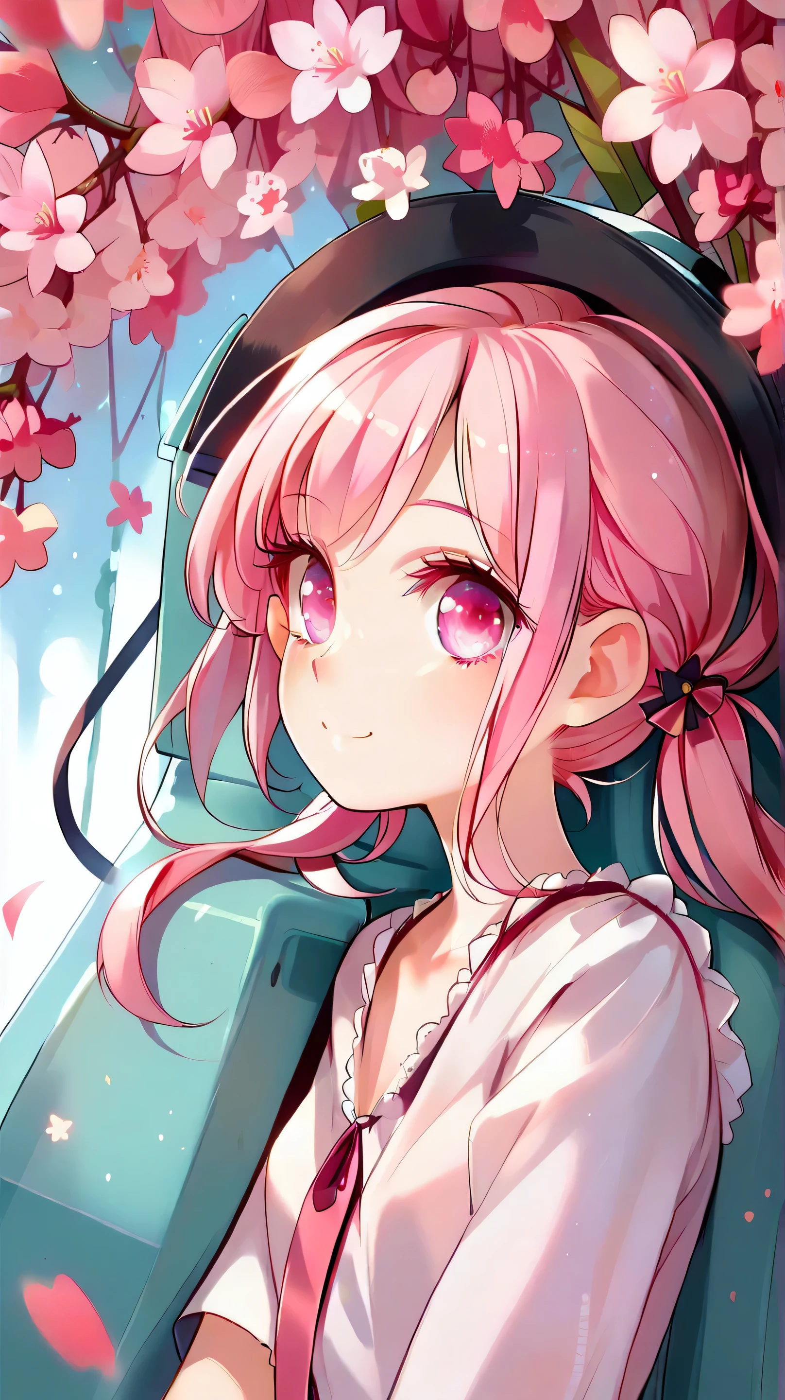big expressive eyes, small breasts, cleavage, cute face, soft skin, pink hair, pigtails, cute dress, lace and bows.