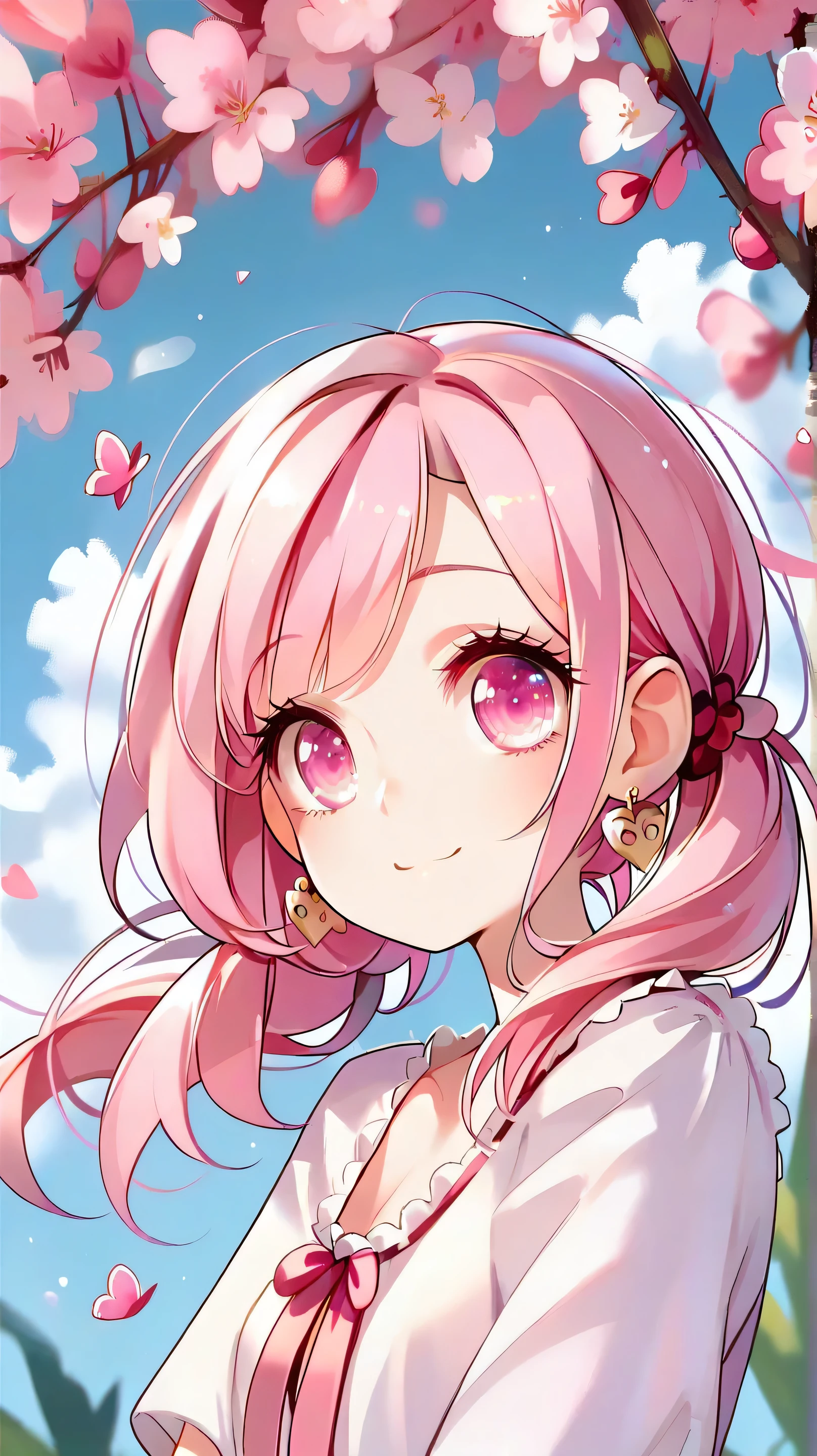 big expressive eyes, small breasts, cleavage, cute face, soft skin, pink hair, pigtails, cute dress, lace and bows.