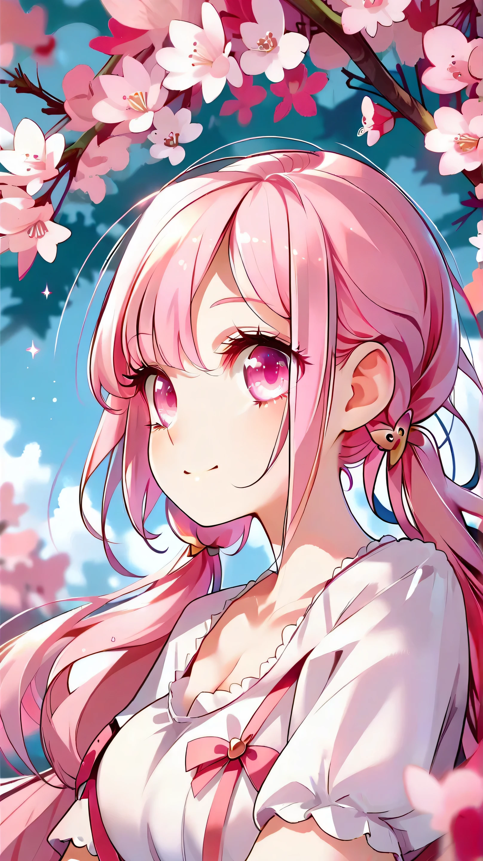 big expressive eyes, medium breasts, cleavage, cute face, soft skin, pink hair, pigtails, cute dress, lace and bows.