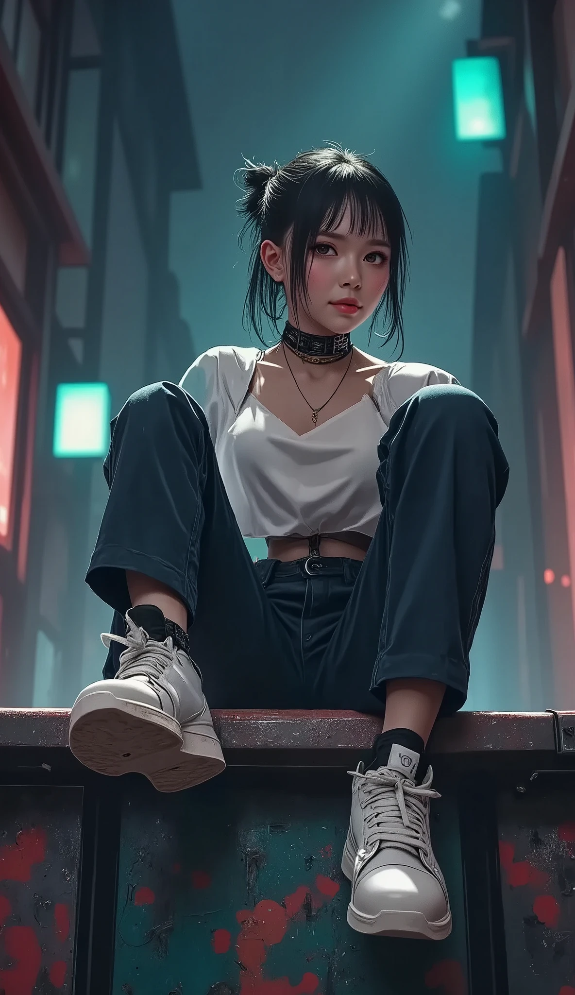  completely black background , thumbnail image, mini robot,  anime style  ., Dressed in light colored hip hop clothing., sitting on a wall with graffiti with his legs crossed, with beautiful cyan eyes, Cyan neon lights  , abstract image, U  High Definition ,  Masterpiece , Retina, necessary,  Anatomically correct , Old school,  super detail  ,  tall details , Lyric , Winner Award  ,  Best Quality  , highres, 1080P,  High Definition , 16K