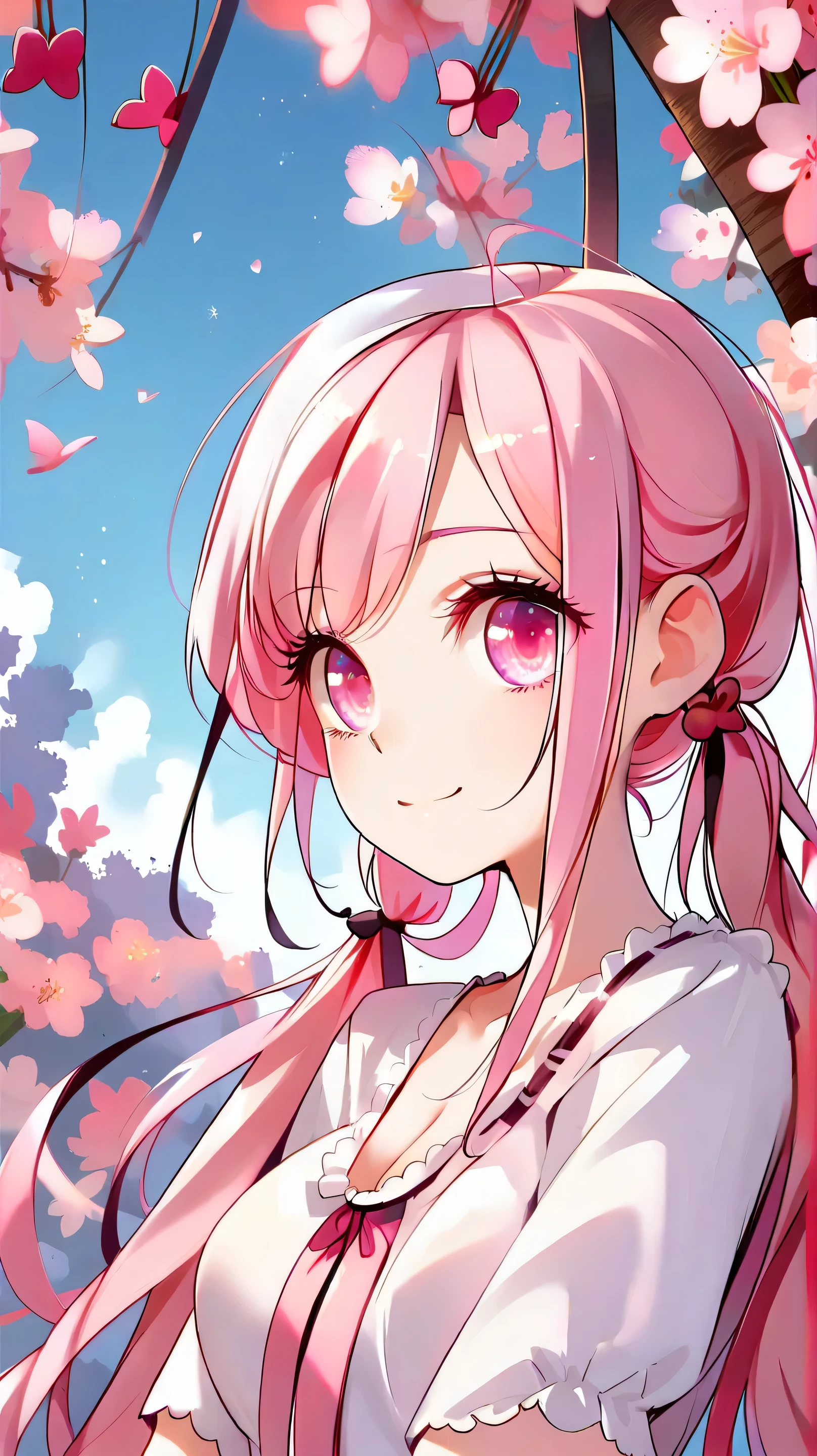 big expressive eyes, medium breasts, cleavage, cute face, soft skin, pink hair, pigtails, cute dress, lace and bows.