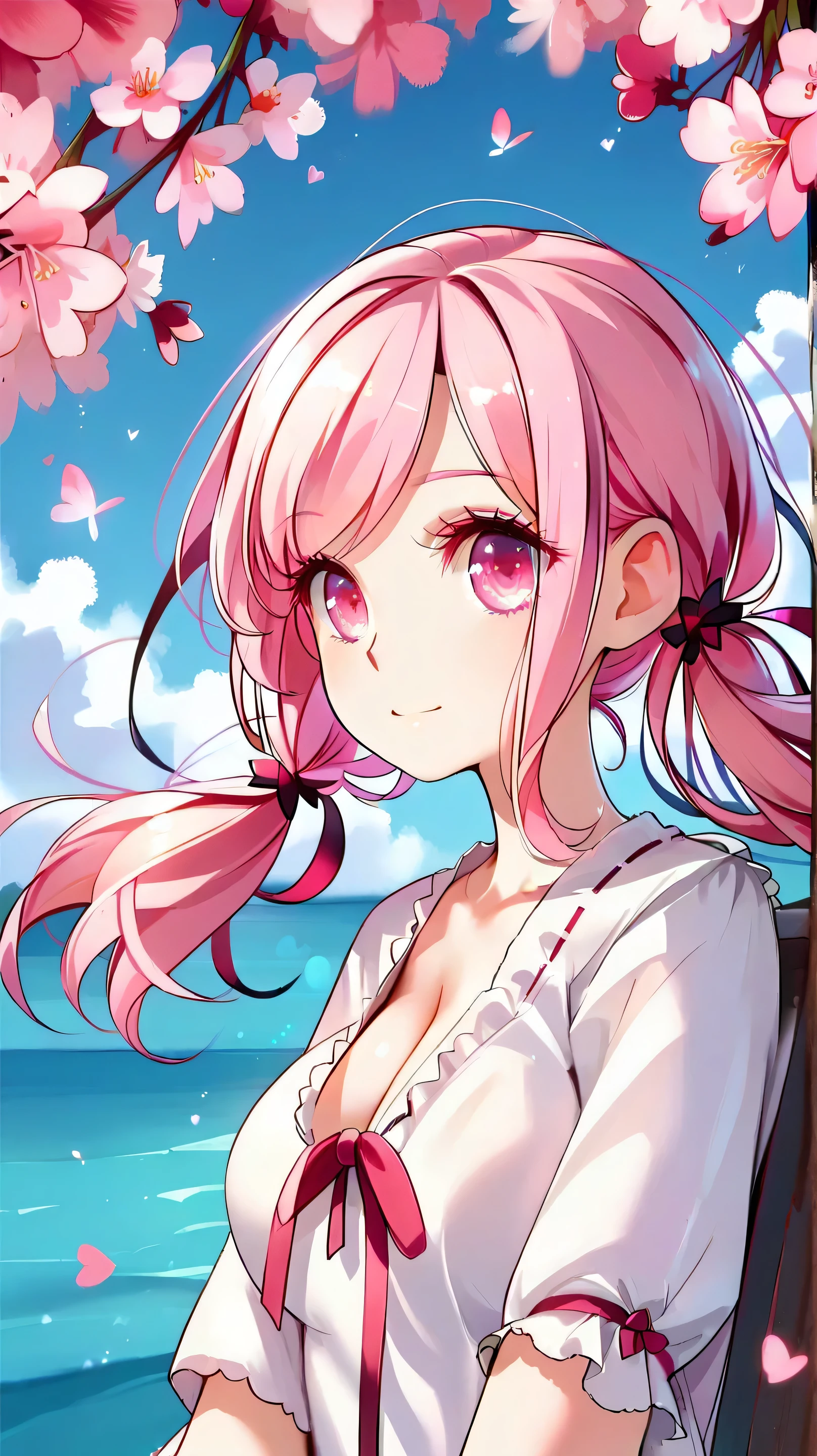 big expressive eyes, large breasts, cleavage, cute face, soft skin, pink hair, pigtails, cute dress, lace and bows.