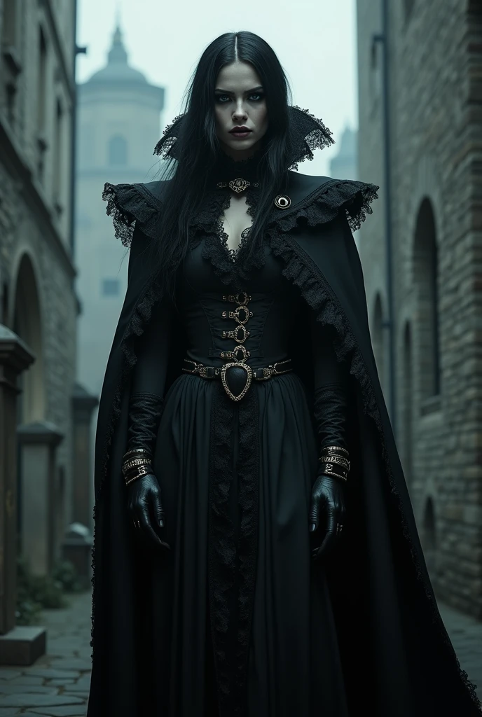 Gothic, vampires, black cloaks, 18th century London, black hair, young face, smile, famous character, high detail of objects, gloomy environment, horror style, good detail of body and hands, full height, high detail 2k,sword in right hand