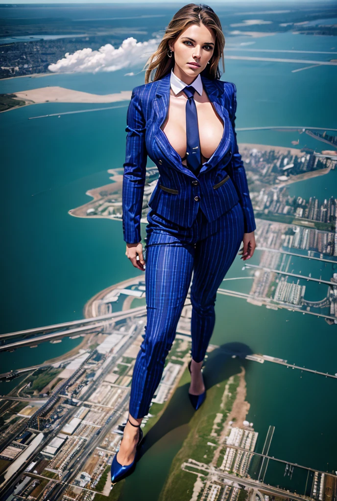 Giantess art, 100 miles tall giga giantess, sophisticated and stylish woman in a light brown italian pinstriped trouser suit, form fitting crisp white office shirt, and a large wide red necktie in a windsor knot, with a beautiful, curvaceous figure, large natural breasts, and long wavey blonde hair, with a curvaceous figure and massive breasts. wearing red rounded court high heels with uncovered feet and standing, rampage-like pose, with a cityscape background of mega-city, urban sprawl, and small towns, partially obscured by a hazy, cloudy atmosphere. The image is a high-resolution, masterpiece-quality, cinematic, ultra-detailed, and hyper-photorealistic photograph, with perfect hands, face, and lighting. ultra-detailed, 8K, photo-realistic, hyper-realistic, masterpiece, intricate details, full body view. Looking at camera, The image is a high-resolution, masterpiece-quality, cinematic, ultra-detailed, and hyper-photorealistic photograph, with perfect hands, face, and lighting. ultra-detailed, 8K, photo-realistic, hyper-realistic, masterpiece, intricate details, full body view, view from below