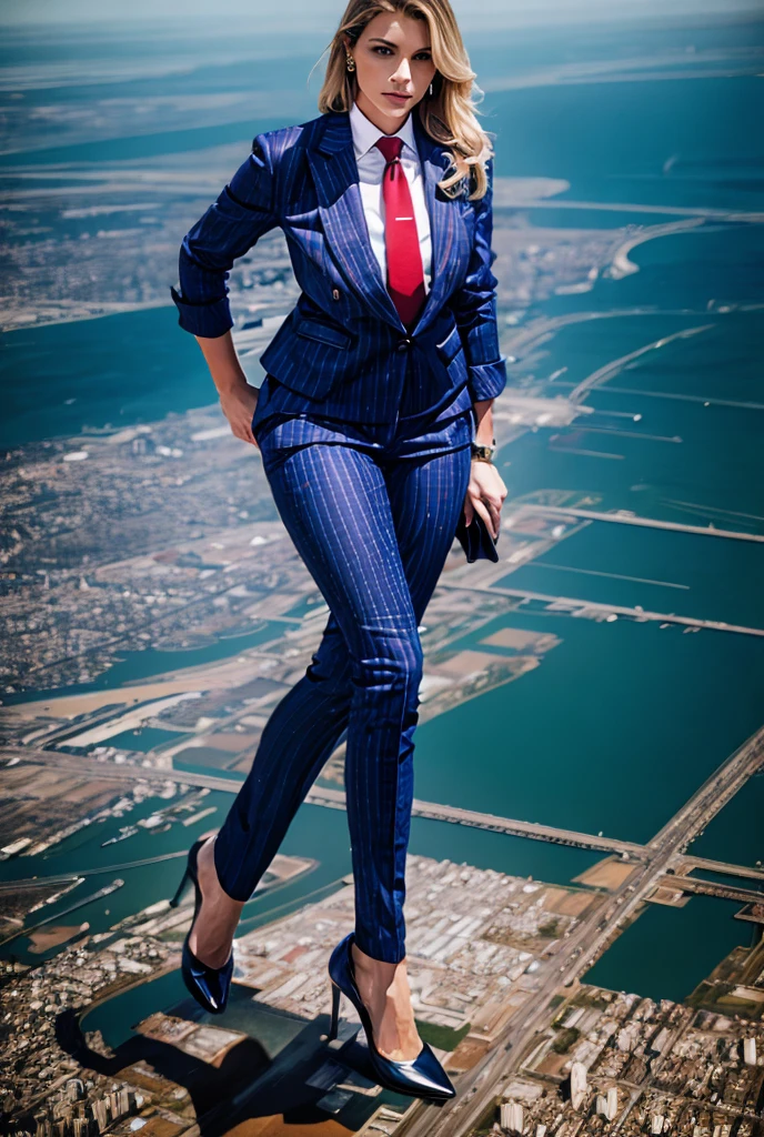 Giantess art, 100 miles tall giga giantess, sophisticated and stylish woman in a light brown italian pinstriped trouser suit, form fitting crisp white office shirt, and a large wide red necktie in a windsor knot, with a beautiful, curvaceous figure, large natural breasts, and long wavey blonde hair, with a curvaceous figure and massive breasts. wearing red rounded court high heels with uncovered feet and standing, rampage-like pose, with a cityscape background of mega-city, urban sprawl, and small towns, partially obscured by a hazy, cloudy atmosphere. The image is a high-resolution, masterpiece-quality, cinematic, ultra-detailed, and hyper-photorealistic photograph, with perfect hands, face, and lighting. ultra-detailed, 8K, photo-realistic, hyper-realistic, masterpiece, intricate details, full body view. Looking at camera, The image is a high-resolution, masterpiece-quality, cinematic, ultra-detailed, and hyper-photorealistic photograph, with perfect hands, face, and lighting. ultra-detailed, 8K, photo-realistic, hyper-realistic, masterpiece, intricate details, full body view, view from below