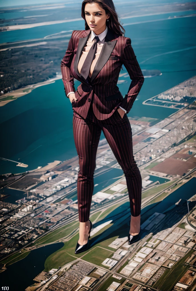 Giantess art, 100 miles tall giga giantess, sophisticated and stylish woman in a light brown italian pinstriped trouser suit, form fitting crisp white office shirt, and a large wide red necktie in a windsor knot, with a beautiful, curvaceous figure, large natural breasts, and long wavey blonde hair, with a curvaceous figure and massive breasts. wearing red rounded court high heels with uncovered feet and standing, rampage-like pose, with a cityscape background of mega-city, urban sprawl, and small towns, partially obscured by a hazy, cloudy atmosphere. The image is a high-resolution, masterpiece-quality, cinematic, ultra-detailed, and hyper-photorealistic photograph, with perfect hands, face, and lighting. ultra-detailed, 8K, photo-realistic, hyper-realistic, masterpiece, intricate details, full body view. Looking at camera, The image is a high-resolution, masterpiece-quality, cinematic, ultra-detailed, and hyper-photorealistic photograph, with perfect hands, face, and lighting. ultra-detailed, 8K, photo-realistic, hyper-realistic, masterpiece, intricate details, full body view, view from below