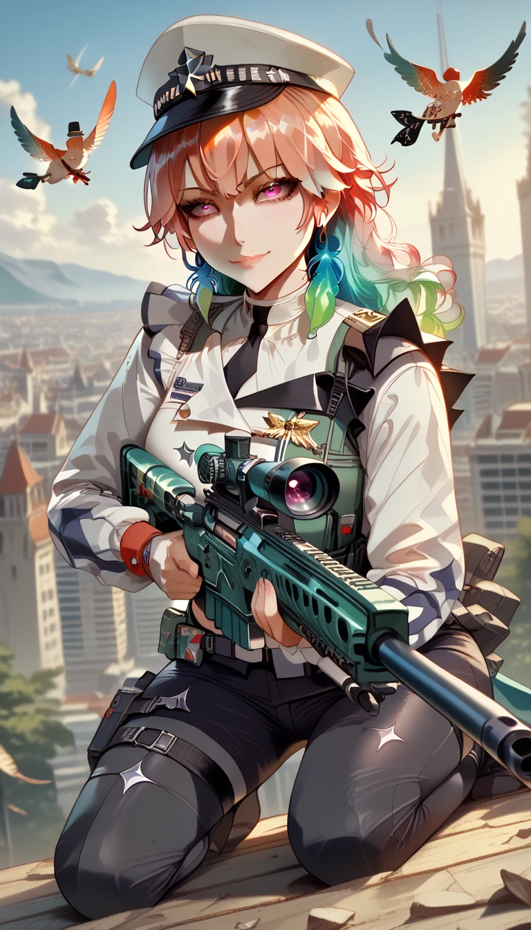 1girl, TakanashiKiara, Hololive, (best quality), ((masterpiece)), (highres), 16K, perfect face, colored inner hair, gradient hair, long hair, feather earrings, pink eyes, peaked cap, tactical clothes, tactical belt, black panties, black thighhighs, knee boots, busty body, large breasts and a beautiful ass, showcasing cleavage, legs, hips, (holding Sniper Rifle), looking at viewer, smile, detailed full body, thigh details, rooftop background