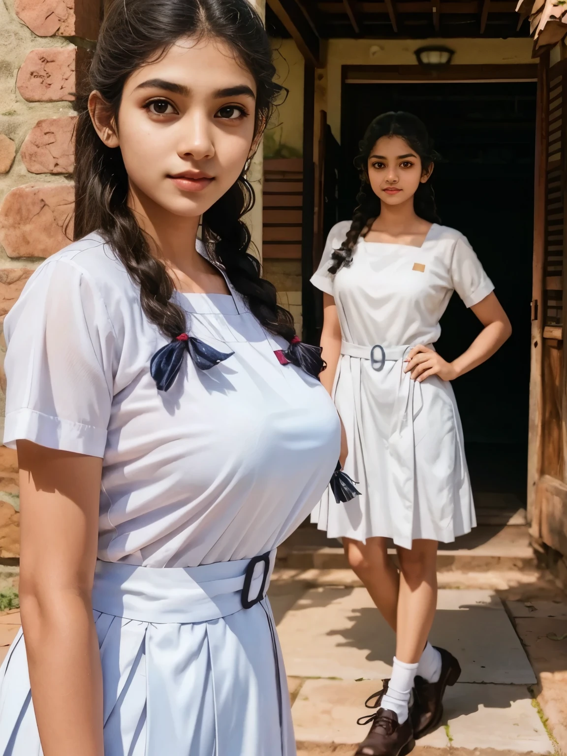 a beautiful detailed sri lanka girl, 1girl, twin braids hair, wearing white frock, black shoes, white socks, big breasts, standing , (best quality,4k,8k,highres,masterpiece:1.2),ultra-detailed,(realistic,photorealistic,photo-realistic:1.37),intricate details,extremely detailed skin,studio lighting,HDR,UHD,vivid colors,natural lighting,soft shadows,elegant,flawless skin,looking at camera