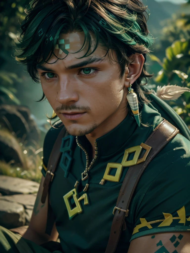 A adult man in realistic portrait of high quality and detail, mexican man, 20yo, Kinich (Genshin Impact), Tom Holland face, black pixel sunglasses, Light tanned skin. Greenish-yellow eyes. Disheveled blue-black hair with green streaks. The left hand with a tattoo in green ink. Decorated black gloves on both hands. A green bandana on the head with two white feathers with yellow and green tips tucked in the back. A jumper tied around the waist. Long white-lime-green earrings in each ear. Loose baggy green trousers with blue and orange inserts. Black boots with green, blue and gold inserts. athletic body, 2000's Movie style, light atmosphere, happy look, glow, eye shadow, 1man, Depth & Perspective, fine face, He sitting on the stone coach, outdoors, waterfall on background, day time, looking at viewer, (ultra-high detail:1.2), Masterpiece, Best Quality, Ultra-detailed, Cinematic lighting, 8K, delicate features, cinematic, 35 mm lens, f/1.9, highlight lighting, global lighting –uplight –v 4, cinematic, Cinematic lighting, 8K, high quality, Highest Quality, (Solo Focus), (extremly intricate:1.3), (Realistic), masterful, Analog style, (Film grain:1.5), (cold tone)