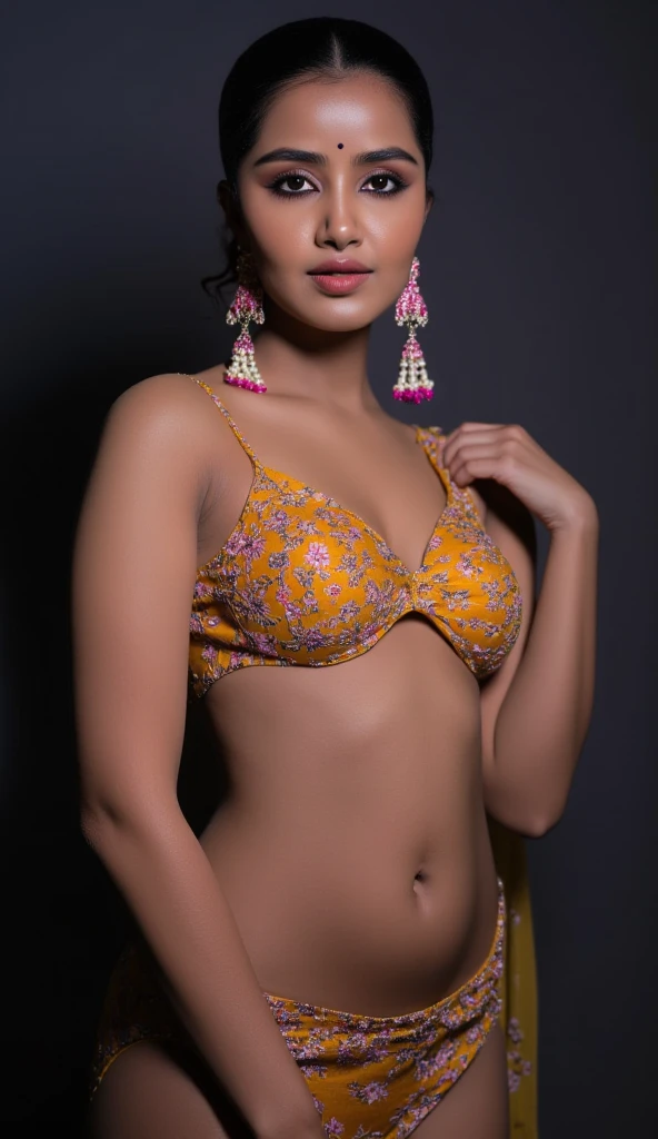 anupama, flashing, beautiful medium size breasts, nude, nsfw, (afternoon time), standing & model pose, beautiful body, masterpiece, ultra realistic, detailed, 16 k , Dim light, potrait photography, camera angle front, looking at viewer, navel exposes, hourglass figure, dark background, stunning beauty, body facing camera, ear ring, showing perfect round medium breasts,realistic, photorealistic, photo-realistic:1.37, HDR, UHD, studio lighting,physically-based rendering, extreme detail description, professional, vivid colors, bokeh, portraits, photography, normal expression