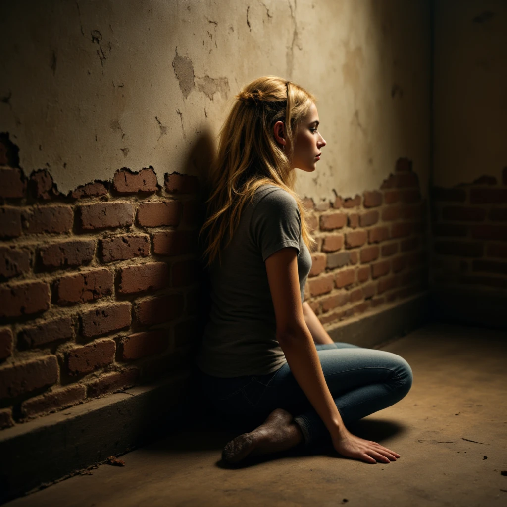 A young girl is kneeling on all fours in front of a brick wall. The scene is viewed from behind, capturing her back and her posture clearly. The wall is slightly weathered, with cracks and peeling paint, adding a sense of realism and texture. The girl has long blonde hair, slightly tousled, wearing casual clothes such as a simple top and jeans. The lighting is soft, with a warm glow that highlights her silhouette and the textures of the wall and ground. The setting feels intimate and quiet, emphasizing the girl's vulnerable yet calm demeanor. The background is minimal, focusing attention on the girl and the wall."