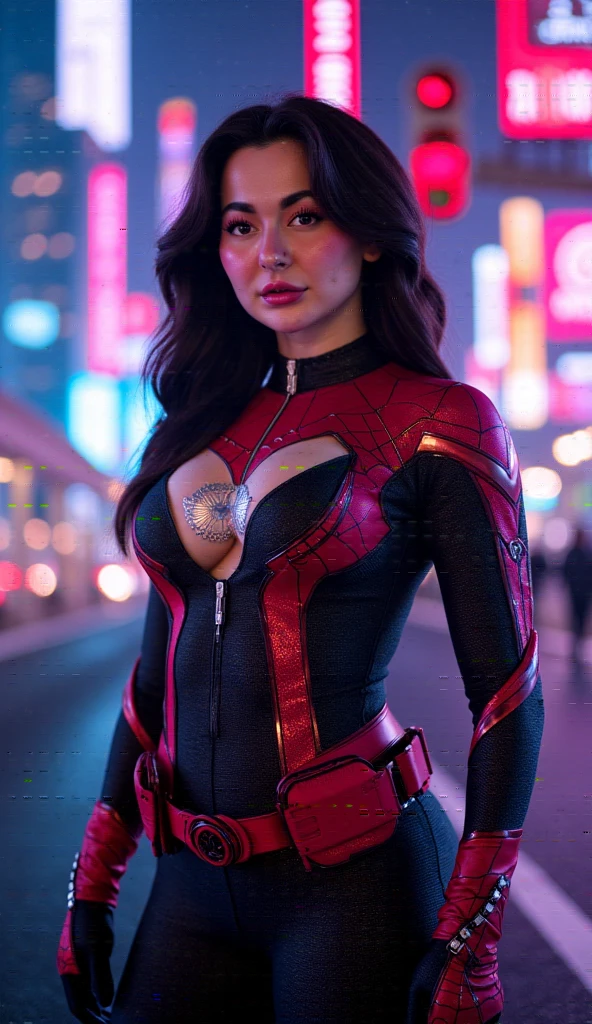 Hania Amir in spider gwen costume, (black hair), HD, remastered, HQ, 4K quality, cyberpunk cityscape, The very sexy spider gwen with her neckline outfit 