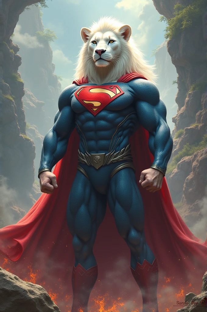 animalrizz   an white cat solo, very long hair, black eyes, dynamic pose, masterpiece, absurdres, perfect anatomy, Superman's uniform:1.1, Moderate hips, cinematic lighting, 8k, best quality,bust body , (((low contrast)))