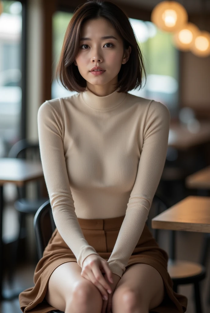  1 girl, alone,  high definition , chest,  open your mouth slightly ,  anatomically correct, Japanese wife 、45 years old、short hair、high neck sweater、Skirt with slit、 Legs crossed、shows her thighs 、Open Cafe、sitting on a chair drinking coffee、Rotated, 