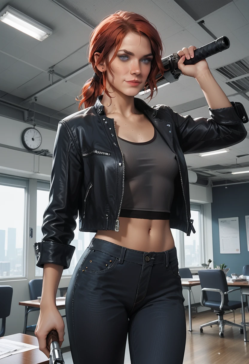 Score_9, score_8_up, score_7_up, source_real, realistic, photorealistic, 1girl, (Courtney Hope), (Jesse Faden) from "CONTROL", (blue eyes:1.32), light smile, red hair, in low loose ponytail, (fitted, 3/4 cropped black jacket), tight grey tank top, erect nipples, midriff showing, (tight ultra-low-rise black jeans:1.32), holding, "Service Weapon", facing viewer, (dynamic action poses:1.37), (interior of vintage office:1.3), (white brutalist architecture), ultra-detailed, highly detailed, J3sse