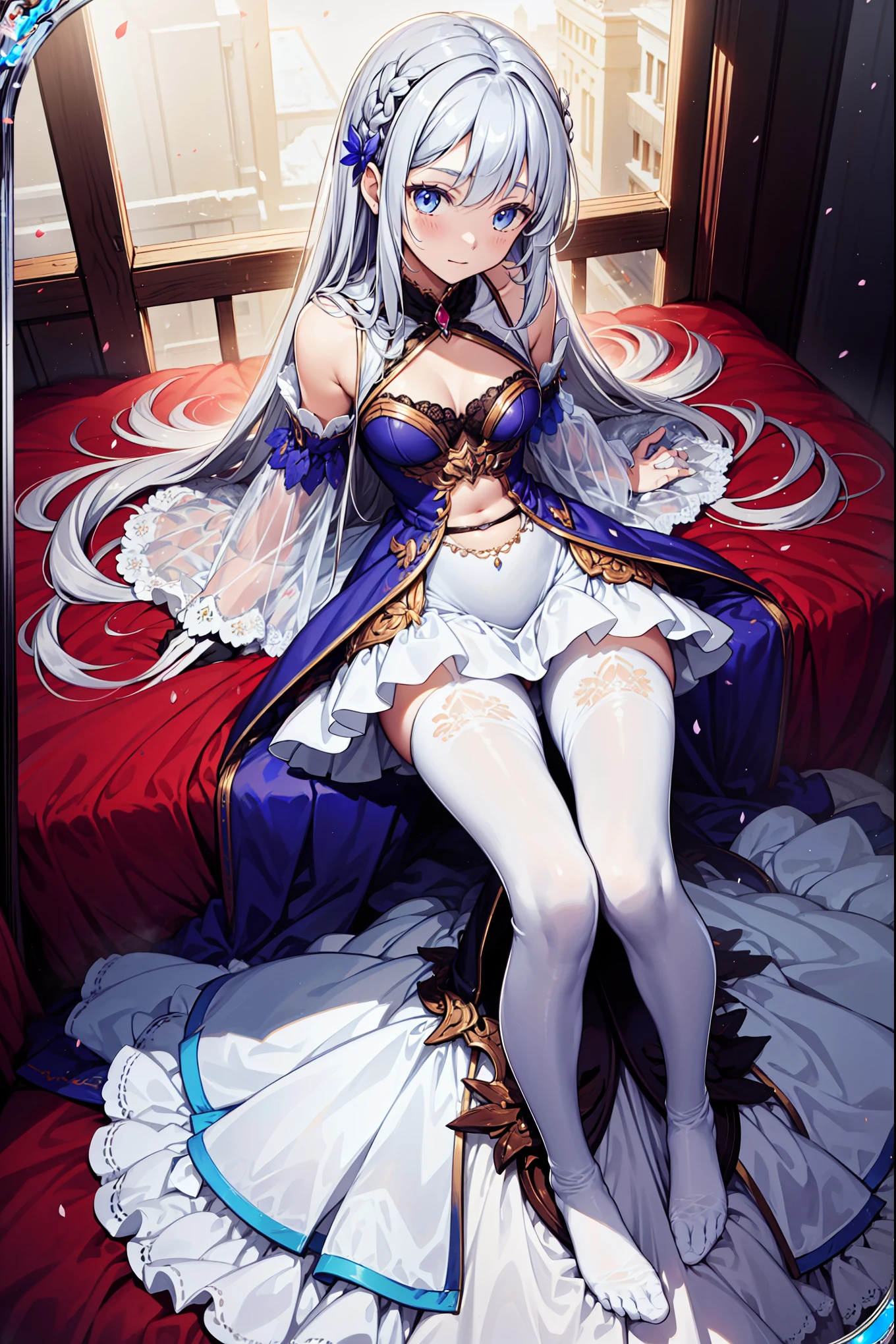 Medieval１people々 girl、 Gold and silver embroidery、In underwear、Wearing knee-length semi-transparent bloomers、Wearing a semi-transparent corset、 Grey translucent tights、Lying down