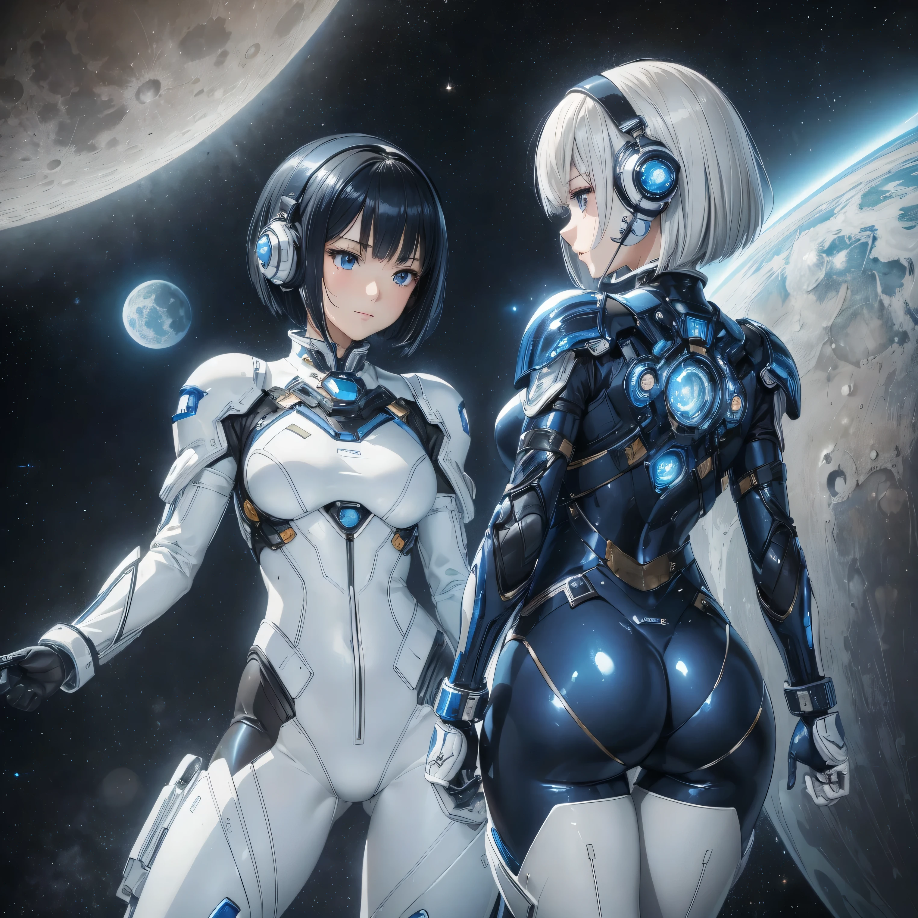 (masterpiece、Highest quality、Highest Resolution、Clear_image、Detailed details): (Whole body、One 20 year old girl、Japanese Faces、Small Face、Slender、Navy blue super short bob cut hair、(Hidden small breasts:1.3)、Sparkling blue eyes、Shiny pilot suit in white, blue and black colors、Chest protection armor、Tight fitting clothes、Clothing that covers the whole body、Glamorous clothes、Tight Fit Pants、Hide your skin、Very delicate and beautiful、Detailed Skin、hide thighs、Hide your ass、Cute、A gentle smile、Soft expression、heroine、headset、Knee-high boots、Elbow-length gloves、Eye Level Shot、Peace talks between warring factions,attention arousal, smart blue eyes,Face directly、Woman on a spaceship)