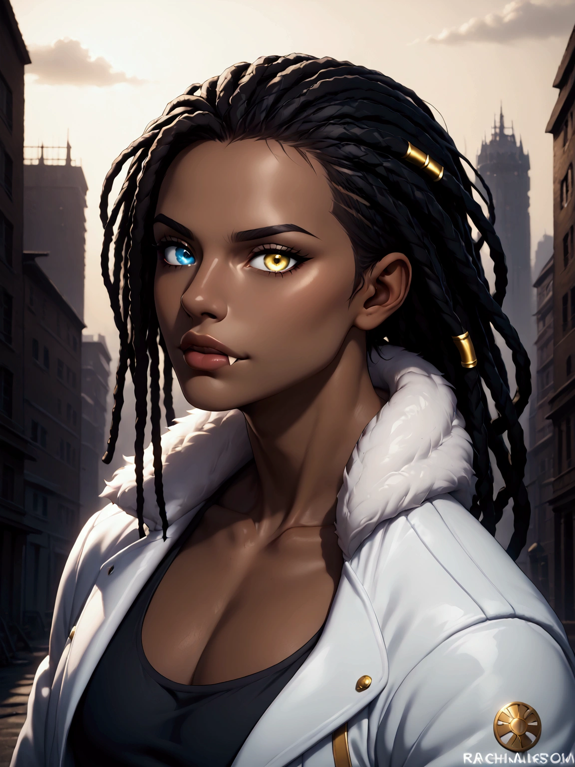 ((8k, 4k, intricate),(half-body-shot:1), (highly detailed:1.2),(detailed background:1.2),((dark skin, handsome face,lips, fangs, braided dreadlocks, dreadlock hairstyle, black hair)) close up of a person with long black dreadlocks and a apocalyptic background, white jacket with brown fur collar, black tank top shirt underneath jacket, fancy jacket with cool logo, handsome guy with different colored eyes, heterochromia{{{left blue eye, right yellow eye}}, black anime art, trigger anime artstyle