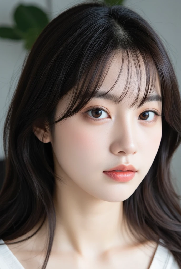 a close up of a woman with long hair, with round face, young adorable korean face, wan adorable korean face, soft round face, with bangs, neat hair with bangs, fluffy bangs, small round face, korean girl, with cute - fine - face