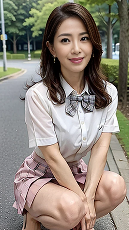 full body shot, from below,  Japanese woman with a viewing angle of, 68 years old,  detailed face , Facial wrinkles, Wrinkles around the eyes, smile,  Detailed Skin Textures ,  white skin,  heavy makeup ,  long hair, curvy body, (earrings, school uniform, short sleeve shirt, summer style with light fabric, bow tie, pink mini skirt, plaid pleated mini skirt:1.2), ( is wearing high heels:1.2), ( standing in the park,  photograph the whole body from toe to head:1.2), (surrealism, best quality, ultra detailed, absolutely resolution, 8k, anatomically correct), depth of field, looking at viewer, tachi-e, , (drshe), (bimajo ), full body,  detailed face  