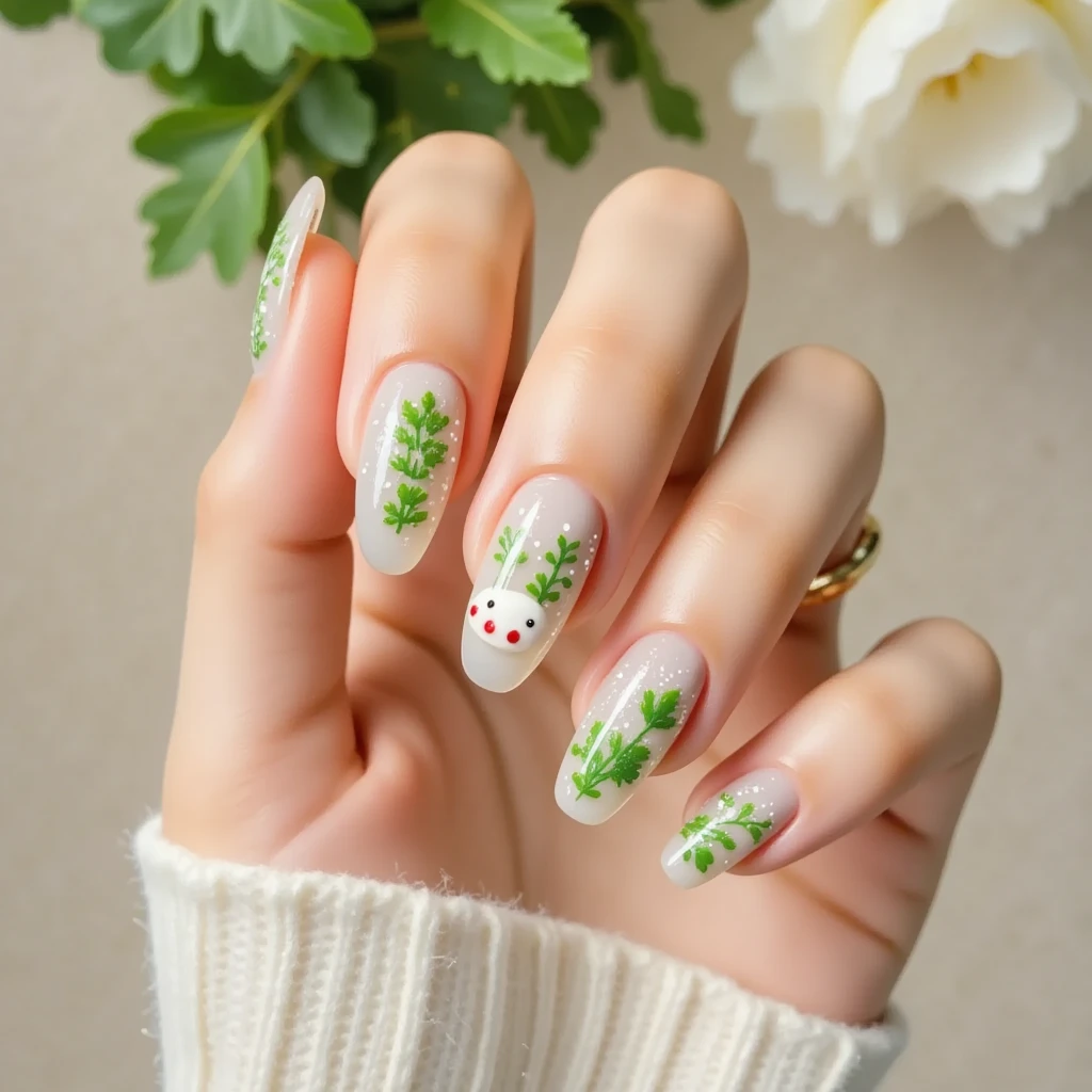  very beautiful hands drawn on nails  ，Nail Art ,( cute Japanese white radish characters, have leaves  ) ,爪に描かれた