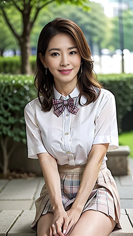 full body shot, from below,  Japanese woman with a viewing angle of, 68 years old,  detailed face , Facial wrinkles, Wrinkles around the eyes, smile,  detailed skin texture,  white skin,  heavy makeup ,  long hair, curvy body, (earrings, school uniform, short sleeve shirt, summer style with light fabric, bow tie, pink mini skirt, plaid pleated mini skirt:1.2), ( is wearing high heels:1.2), ( standing in the park,  photograph the whole body from toe to head:1.2), (surrealism, best quality, ultra detailed, absolutely resolution, 8k, anatomically correct), depth of field, looking at viewer, tachi-e, , (drshe), (bimajo ), full body,  detailed face 
