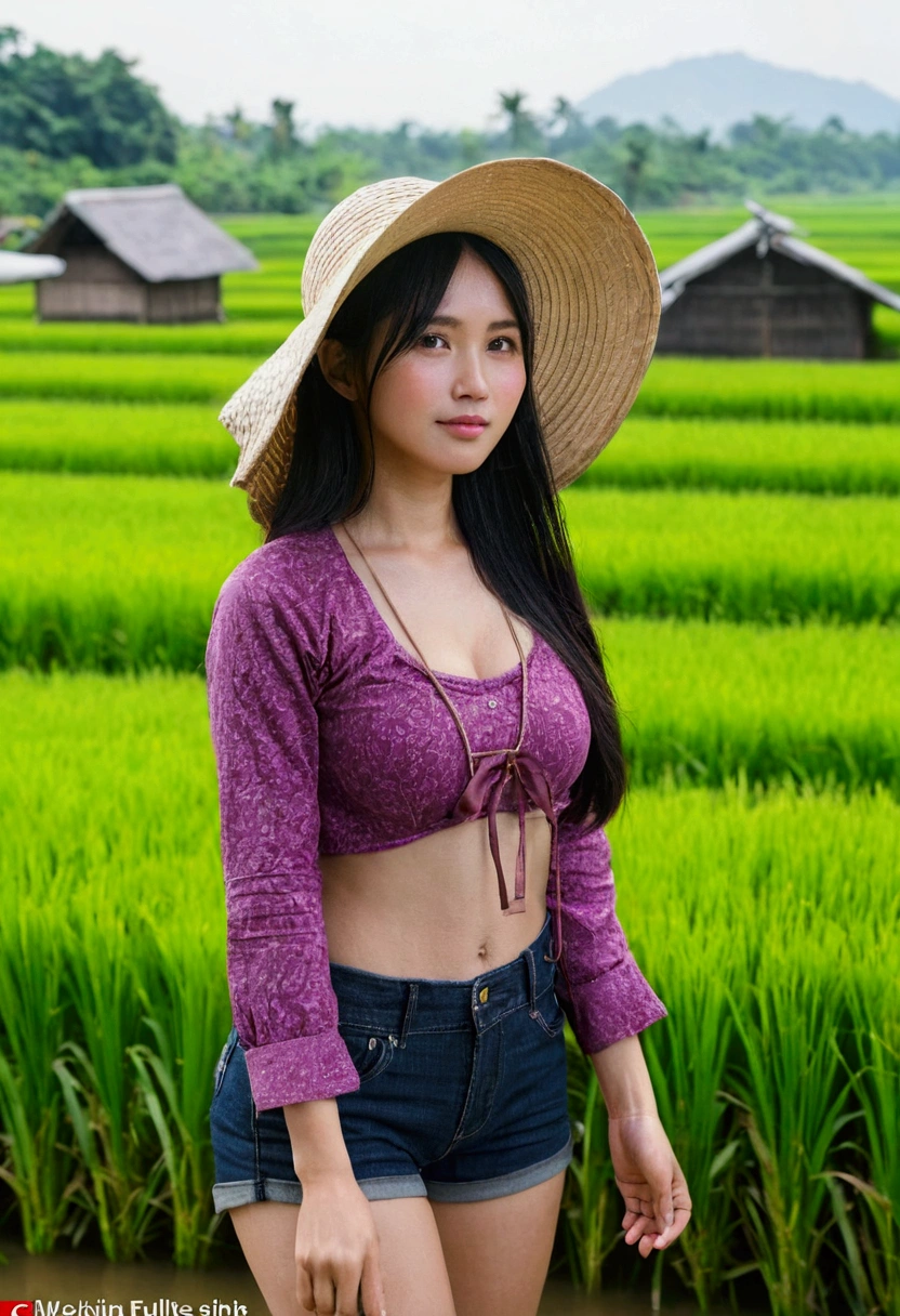 8k, masterpiece, RAW photo, best quality, photorealistic, extremely detailed CG unity 8k wallpaper, Depth of field, Cinematic Light, Lens Flare, Ray tracing, (extremely beautiful face, beautiful lips, beautiful eyes), intricate detail face, ((ultra detailed skin)), ((1girl:1.9)), ((alone:1.9)), ((seductively standing pose)), at sunrise next to the rice fields, deep shadow, sharp focus, [((Raiana-Elizabeth-Dilla:1.9))], pretty girl, (very slim slender fit-muscled body:1.3), ((beautiful legs:1.4)), ((looking at viewer)),(big smile:1), (sexy ((see-through)) ((ultra-short ((red:1.2)) casual-style uniform))), ((picturesque scenery, tranquil setting, awe-inspiring view, tranquil beauty, timeless charm, rural idyll, nature's masterpiece, rural life, peacefulness, quiet solitude, close connection to nature, verdant landscape, life-sustaining crop,serene atmosphere)), (rice fields, peaceful landscape, lush greenery, golden stalks of rice, waving in the breeze, rustic countryside, gentle slopes, terraced fields, traditional farming, vibrant colors, sunrise or sunset casting a warm glow, bountiful harvest, abundance, simplicity, agricultural beauty, organic cultivation, infinite stretch of rice paddies), (blurred background:1.4), beautiful earrings, bracelets, necklace, red pendant, clear eyes, ((tattoos)), (pale skin), (face forward), ((whole-body-view)), ((full-body:1.8, cinematic shot)), soft lighting, (long black hairs), (looking at viewer:1.8), cleavage breasts, (large breasts:1.4), touching the breast, highly detailed, ultra realistic, extremely detailed and realistic ((red:1.2)) clothes.