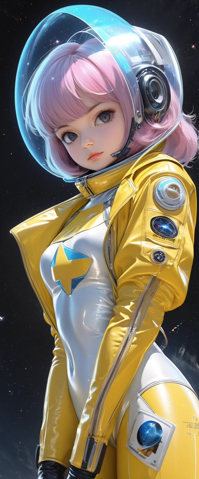 a girl, thunder yellow jacket, tight suit,Space helm of the 1960s,and the anime series G Force of the 1980s,Darf Punk wlop glossy skin, ultrarealistic sweet girl, space helm 60s, holographic, holographic texture, the style of wlop, space,