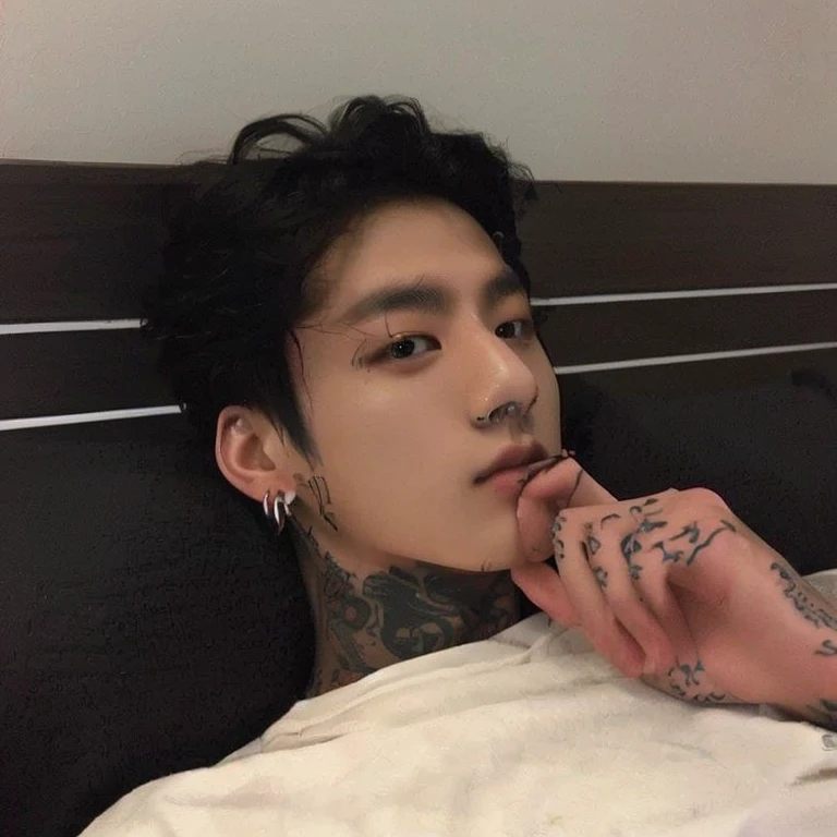 arafed man with a tattoo on his neck laying in bed, jinyoung shin, male ulzzang, jinyoung shin aesthetic, cai xukun, kim doyoung, south korean male, with facial tattoo, handsome japanese demon boy, hong june hyung, 1 7 - year - old boy thin face, asian male, hyung tae, profile pic, ulzzang