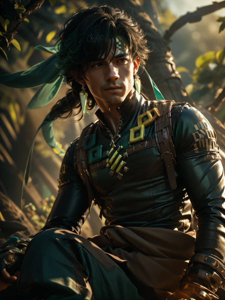 A adult man in realistic portrait of high quality and detail, mexican man, 20yo, Kinich (Genshin Impact), Movie character, Tom Holland face, black pixel sunglasses, Light tanned skin. Greenish-yellow eyes. Disheveled blue-black hair with green streaks. The left hand with a tattoo in green ink. Decorated black gloves on both hands. A green bandana on the head with two white feathers with yellow and green tips tucked in the back. A jumper tied around the waist. Long white-lime-green earrings in each ear. Loose baggy green trousers with blue and orange inserts. Black boots with green, blue and gold inserts. athletic body, Movie style, light atmosphere, happy look, glow, eye shadow, 1man, Depth & Perspective, fine face, He sitting on the stone coach, outdoors, waterfall on background, day time, looking at viewer, (ultra-high detail:1.2), Masterpiece, Best Quality, Ultra-detailed, Cinematic lighting, 8K, delicate features, cinematic, 35 mm lens, f/1.9, highlight lighting, global lighting –uplight –v 4, cinematic, Cinematic lighting, 8K, high quality, Highest Quality, (Solo Focus), (extremly intricate:1.3), (Realistic), masterful, Analog style, (Film grain:1.5), (cold tone)