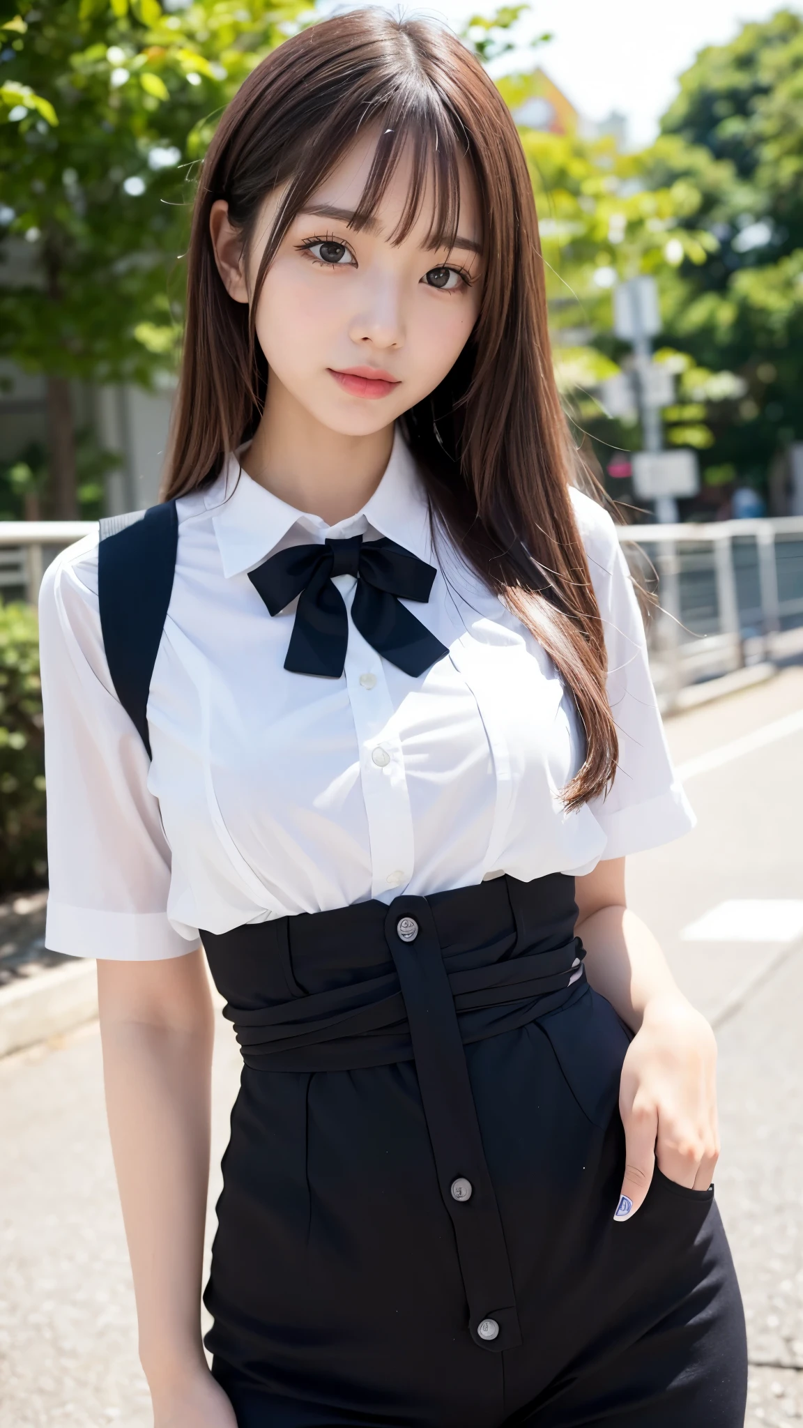 (School uniform、pleatedskirt、shortsleeves:1.5)Pretty Girl VN02, 1girl in, Solo, masutepiece, 1girl in, best qualtiy, Ultra Detail, (shiny), Small、with blush cheeks, Ray tracing,Perfect Lighting, (milky skin:1.2),reflection, up looking_で_viewer, blush, bow ribbon, Twin-tailed, yellow_Eyes, White lace pantyhose, Bag, Lace Lavender White Choker, Low_Twin-tailed, (((On the way to school)))、Japan's cutest 18-year-old beautiful girl