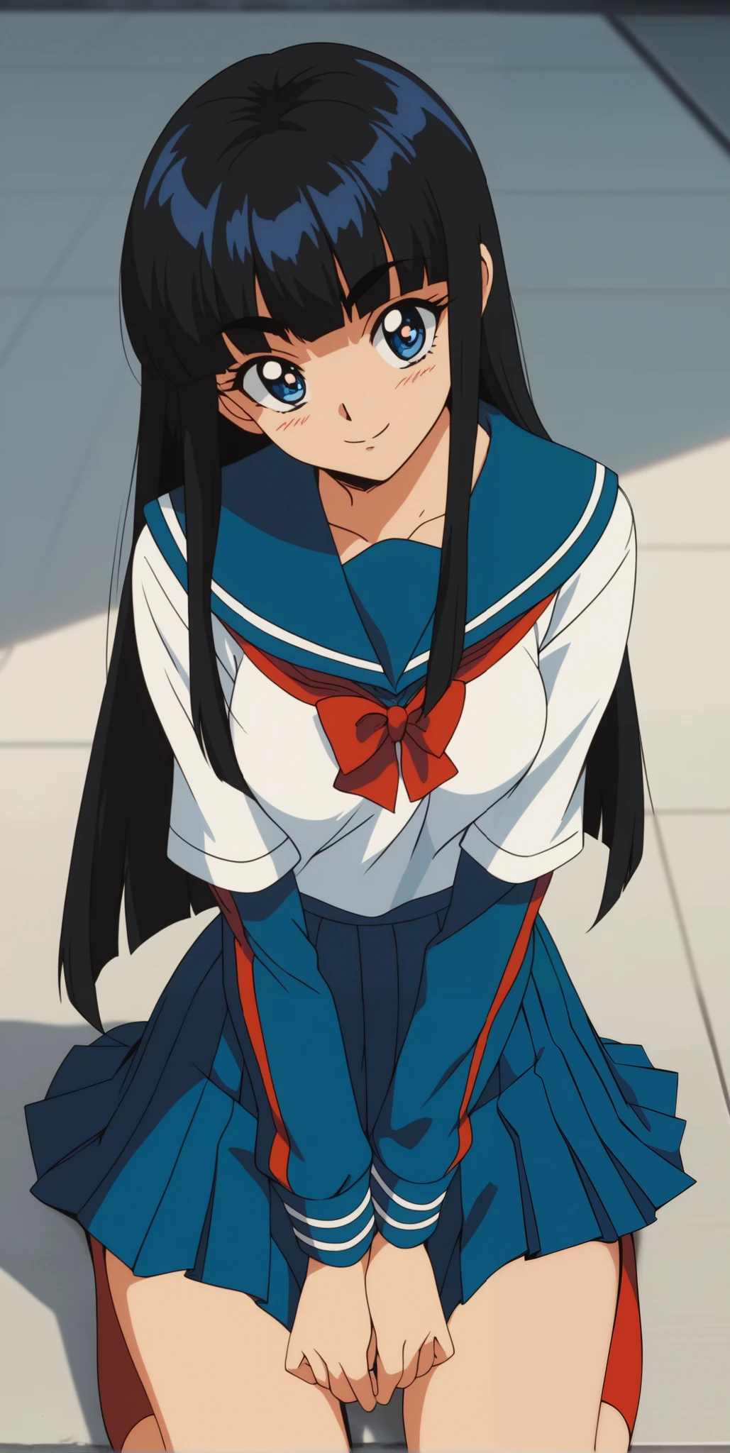 Young woman drawn in 80’s anime art style. 
Retro anime. Vintage Anime. Classical Anime. 
Black HAIR
Hime Cut Hair
(Round and Circle eyes)
(Blue eyes)
(Medium Sized Eyebrows)
(Light Tan Woman)
(Medium Breast)
Seductive Smile

She is wearing a sailor fuku (セーラー服, sērā fuku, sailor outfit) is a common style of uniform worn by women, traditionally by high school female students. 

The uniform generally consists of a blouse attached with a navy blue sailor-style collar and a navy blue blouse. The length of the long pleated skirt is floor length.

A ribbon is tied in the front and laced through a loop attached to the blouse. The color is the ribbon is typically red.

The color of the blouse are navy blue and the color of the bottom pleated skirt is navy blue. 
(Navy Blue Sailor Shirt)
(Navy Pleated Skirt)

(Street) (Solo)