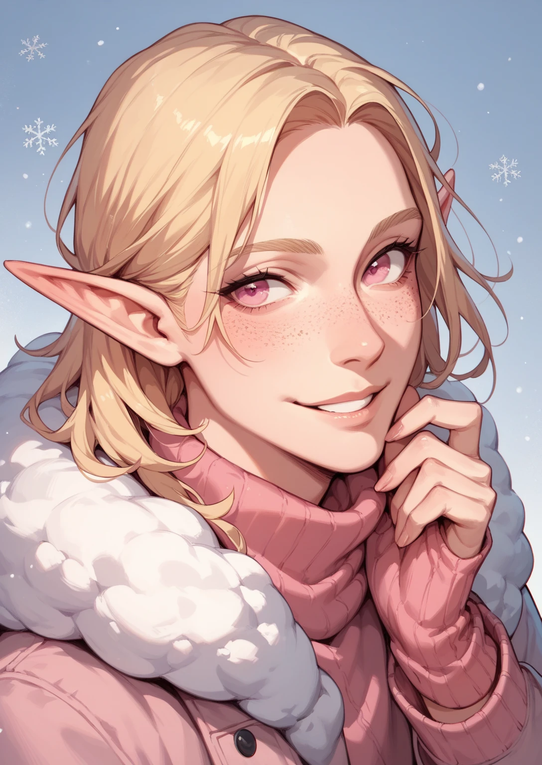 half-elf man with pale skin,he has long bright blonde hair and pink tips, pink eyes. has freckles,pink sexy winter outfit ,cute smile