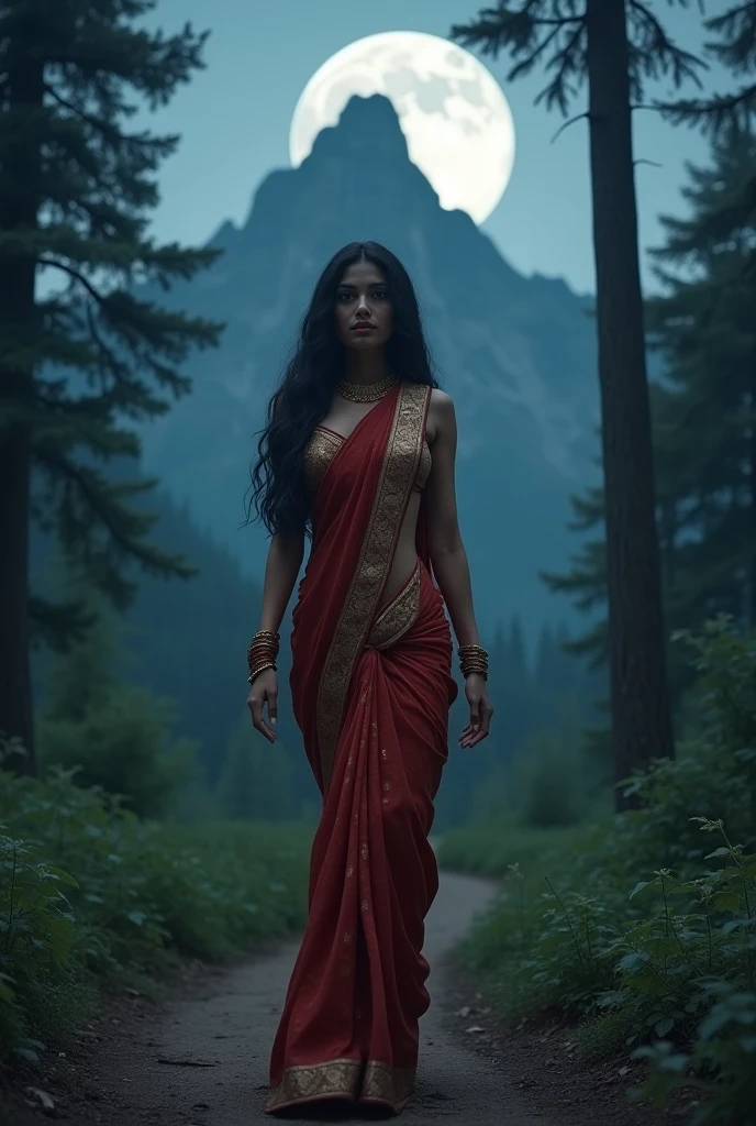 Beautiful indian woman posing, straight photoshoot pose, full body portrait, moonlit night, night time, winter, walking on forest path, detailed face, cute, big eyes, iconic, photorealistic, mountain temple, detailed background, big breasts, sexy thin saree, long wavy hair, cleavage, symmetric face, masterpiece, 8k, ultra realistic