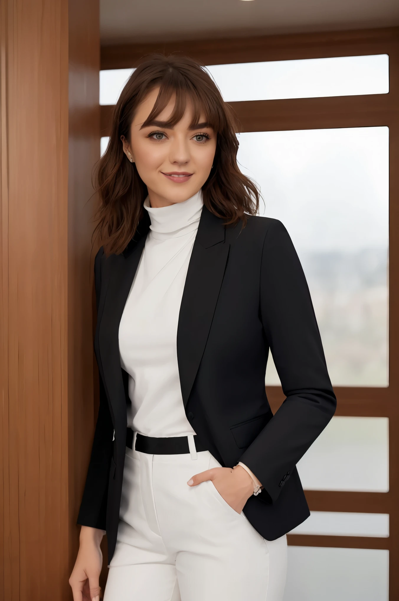 m41s13w, face, turtleneck woman in formal attractive suit tuxedo tailcoat standing in a large alcove in the room, 1girl, solo, necktie, brown hair, , medium hair, smile, jacket, looking at viewer, shirt, pants, blue necktie, collared shirt, white pants, white shirt, indoors, bangs, long sleeves, closed mouth, window, black jacket, blush, cowboy shot, formal, suit